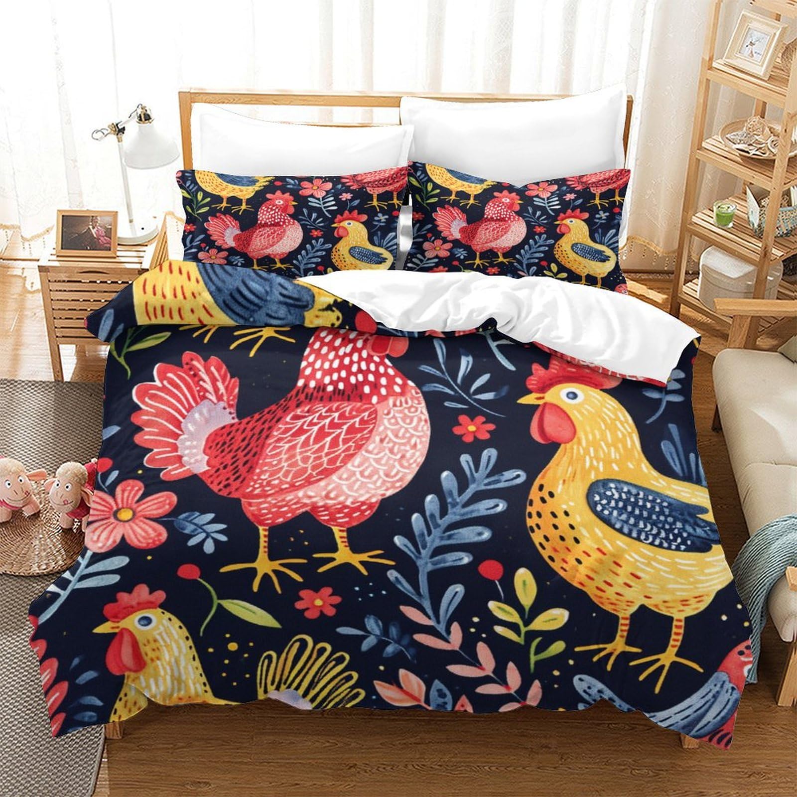 P1S9U7W5Y Country Style 3D Printed Rooster Pattern Duvet Cover Set 3 Pieces Microfiber Bedding for Bedroom Decor Adults Teens Double（200x200cm）