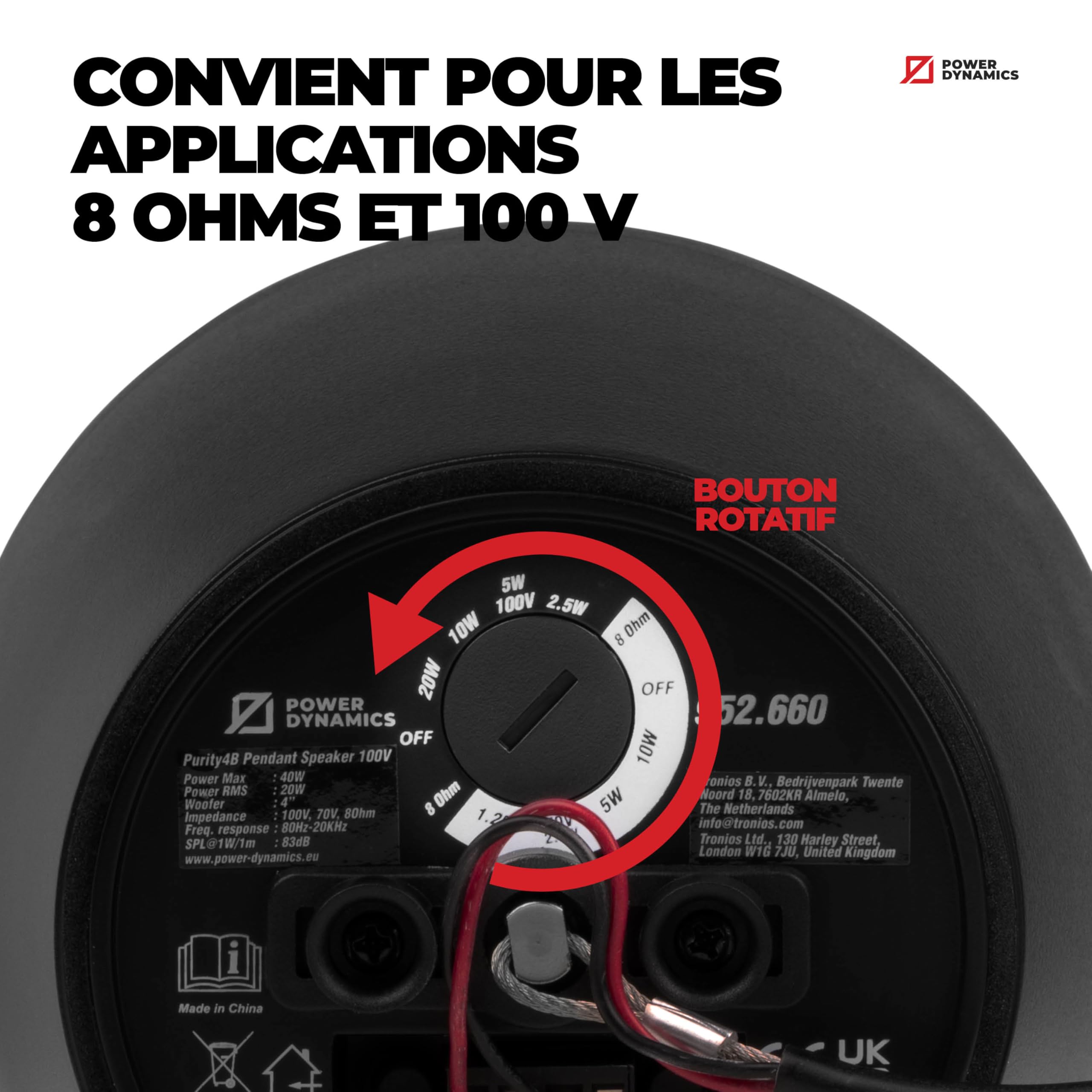 Power Dynamics Purity4B, Haut Parleur Suspendu Noir 20W 100V, 2 Voies Enceinte Plafond Pendulaire pour Sonorisation de Commerces Restaurants Bars et Espaces publics