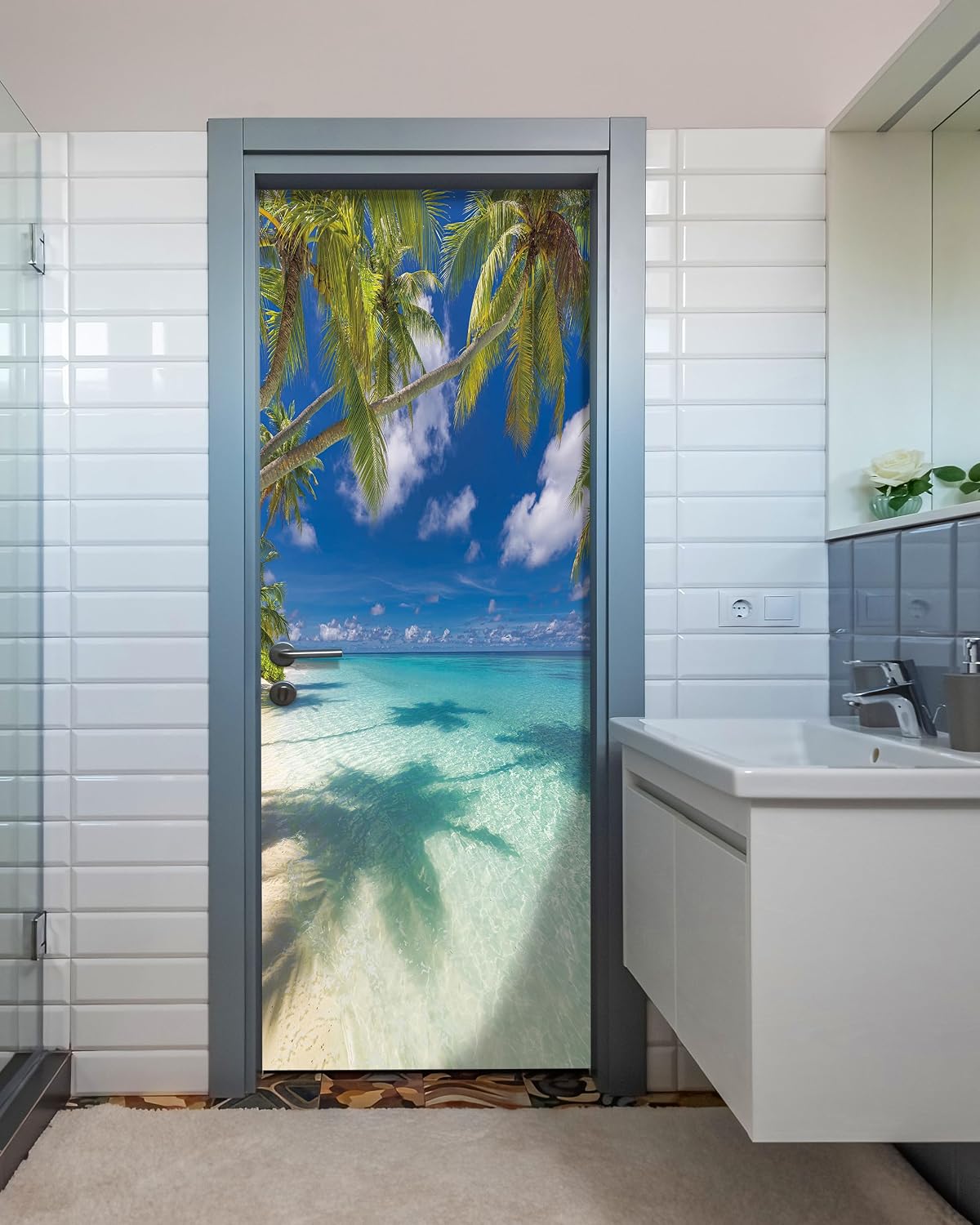 FLFK Door Sticker - Beach and Palm Tree Wall Mural, Peel and Stick, Removable Self-Adhesive Door Wallpaper for Home Decor, 30.3" W x 78.7" L, Set of 2 Sheets