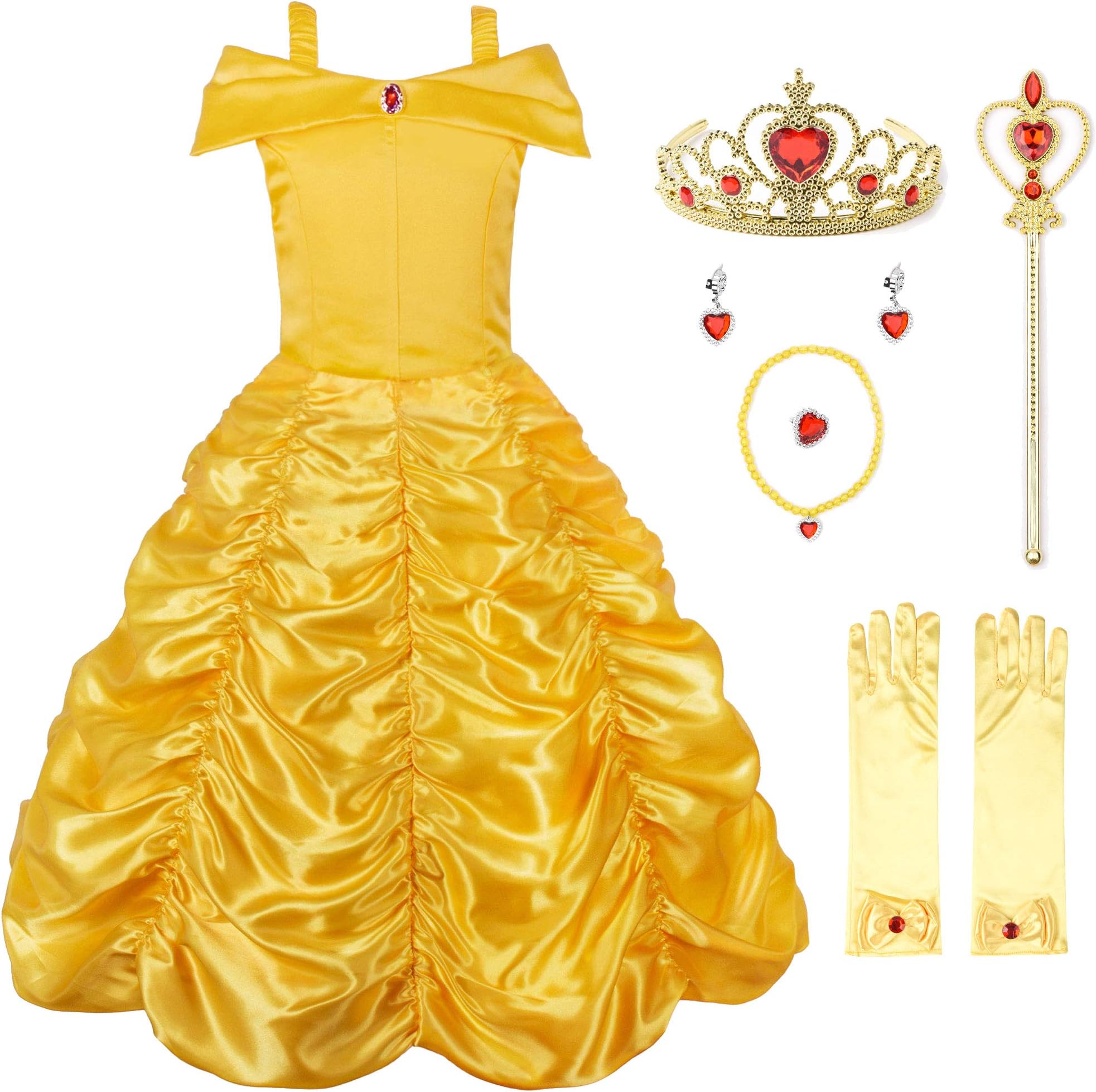 JerrisApparelPrincess Belle Off Shoulder Layered Costume Dress for Little Girl (5-6 Years, Yellow with Accessories)