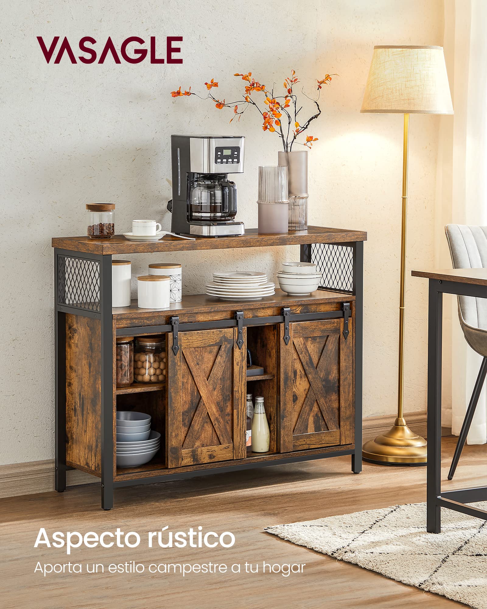VASAGLE Aparador, Armario de Cocina, Armario de Almacenamiento, con 2 Puertas Correderas, 33 x 100 x 80 cm, Estantes Ajustables, para Salón, Marrón Rústico y Negro Tinta LSC092B01