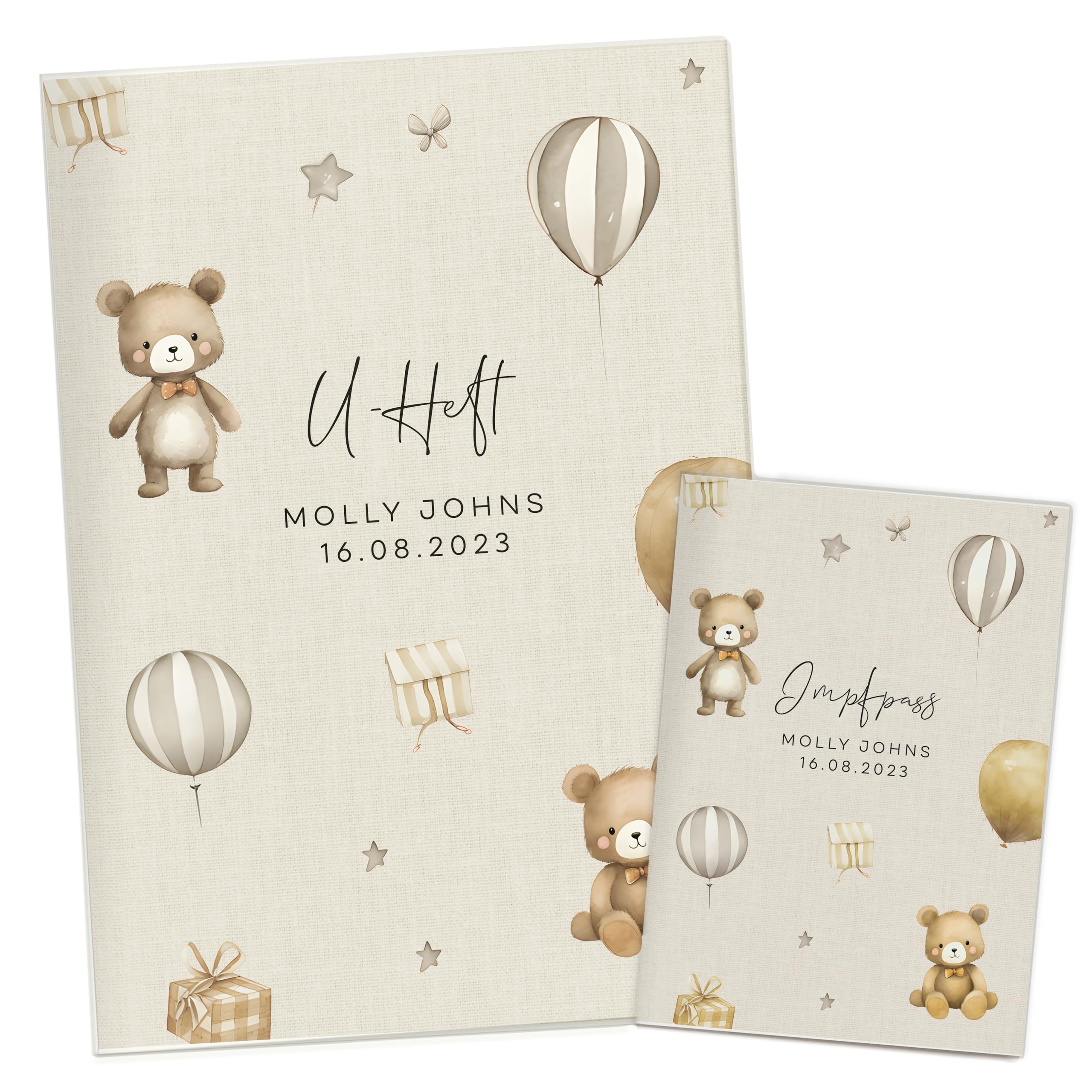 U-Hefthülle mit Zusatzfach und Impfasshülle Set personalisierbar mit Name Datum in Beige | Schutzhülle mit Aquarell Bären Luftballons (Molly Beige, U-Heft m. Zusatzfach & Impfpasshülle)