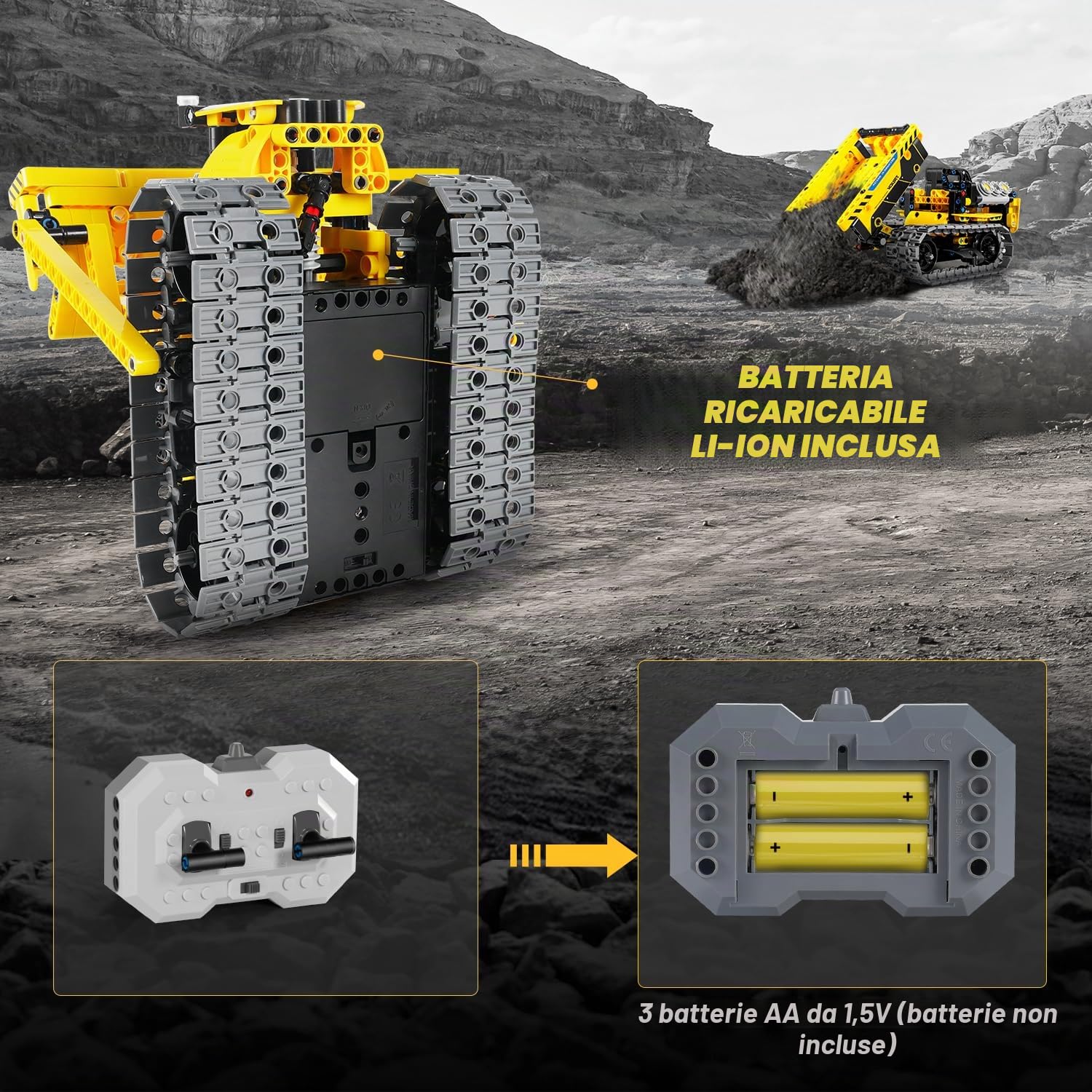 PLAXSOON Tecnica Veicolo da Costruzione Telecomandato Giocattolo da Costruzione con Batteria Ricaricabile, 3-in-1 RC STEM Technic Bulldozer Auto Ribaltabile Mattoncini 452 Pezzi, Regalo per Bambini