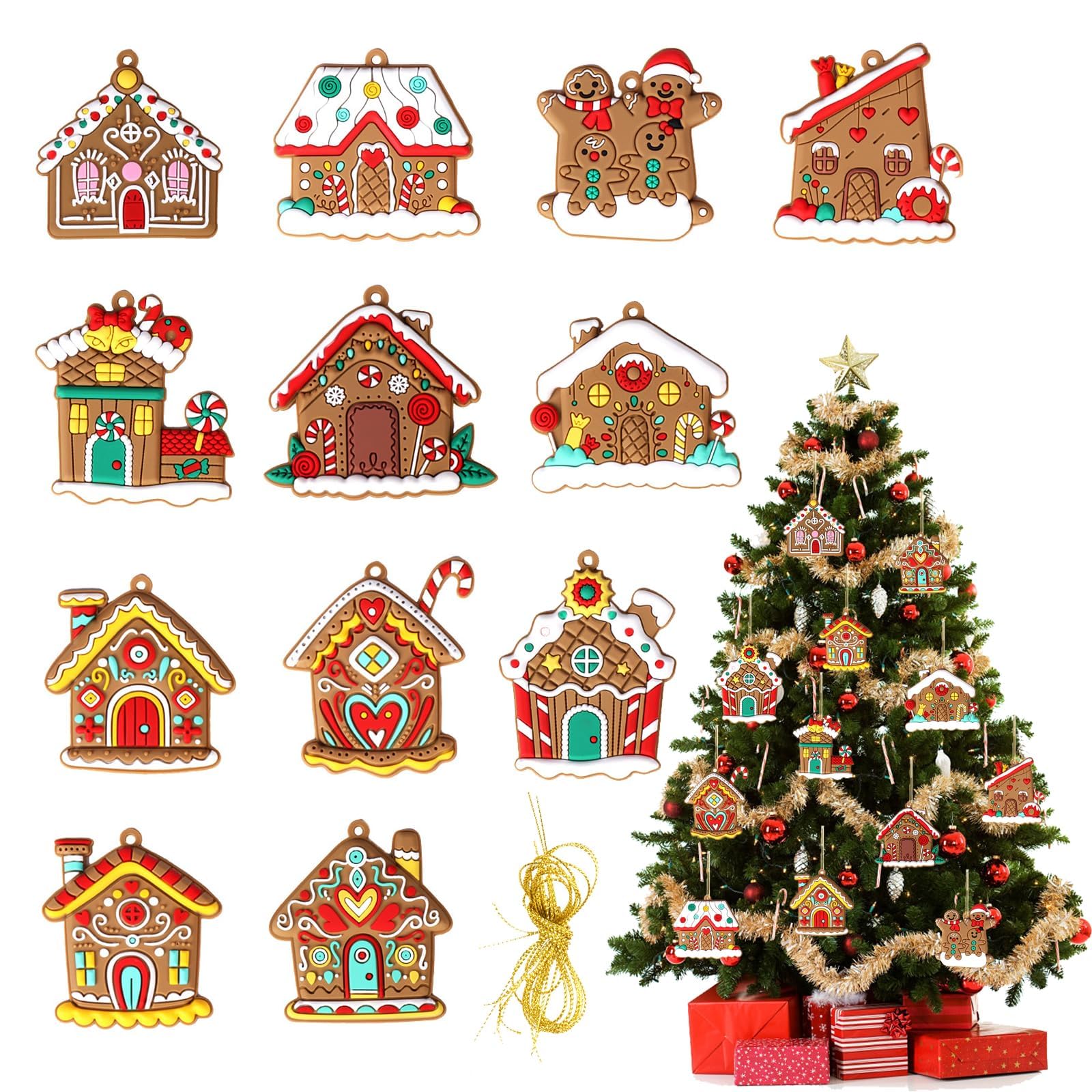 BIGTHREE 12 Pcs Gingerbread House Christmas Hanging Ornaments, Gingerbread House Christmas Tree Decorations