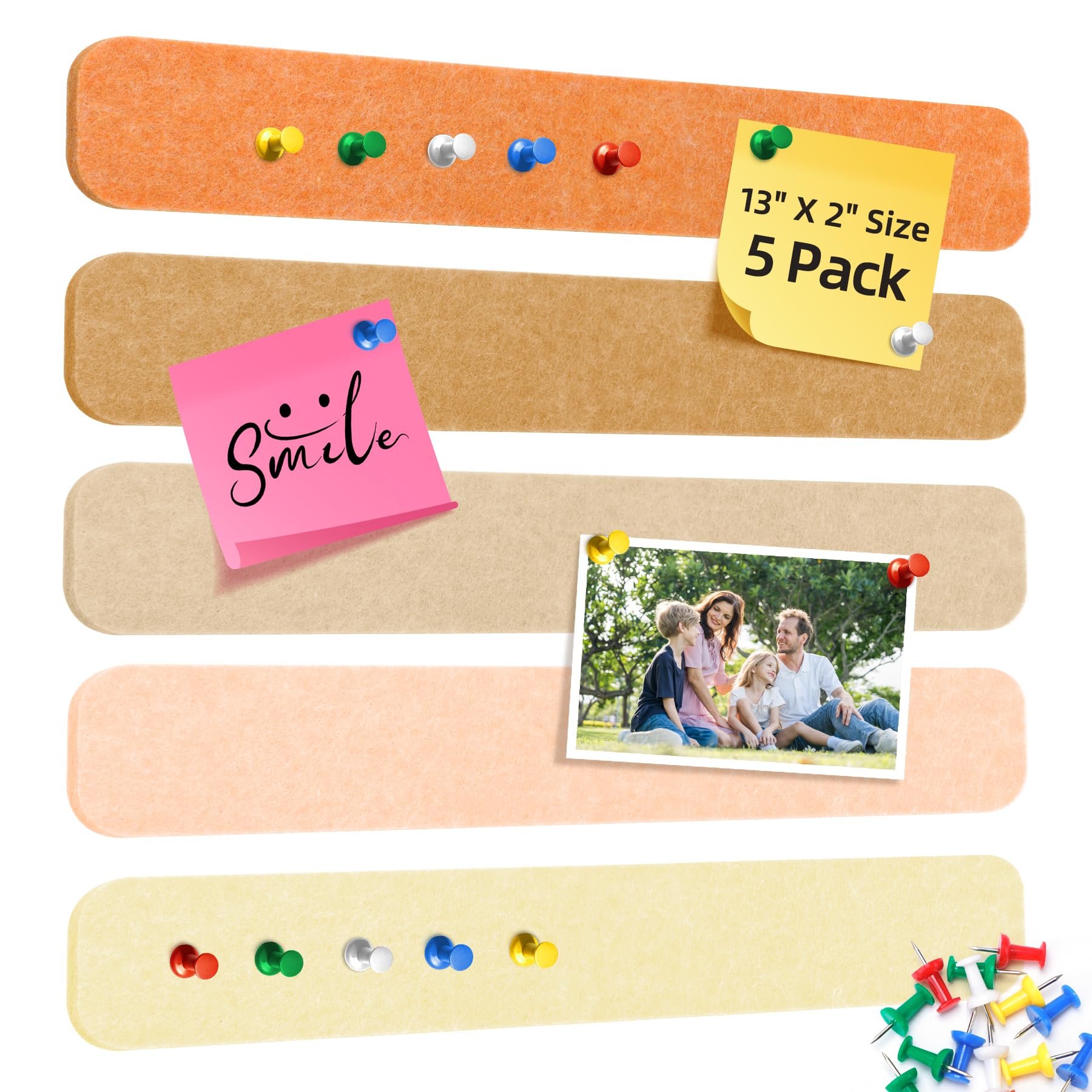HAUTOCO Felt Pin Board Bar Strips, 5 Self Adhesive Notice Board with 20 Push Pins, 33X5cm Small Bulletin Strips for Wall Office Home Bedroom Decor, Corkboards Alternative-Linen Mix