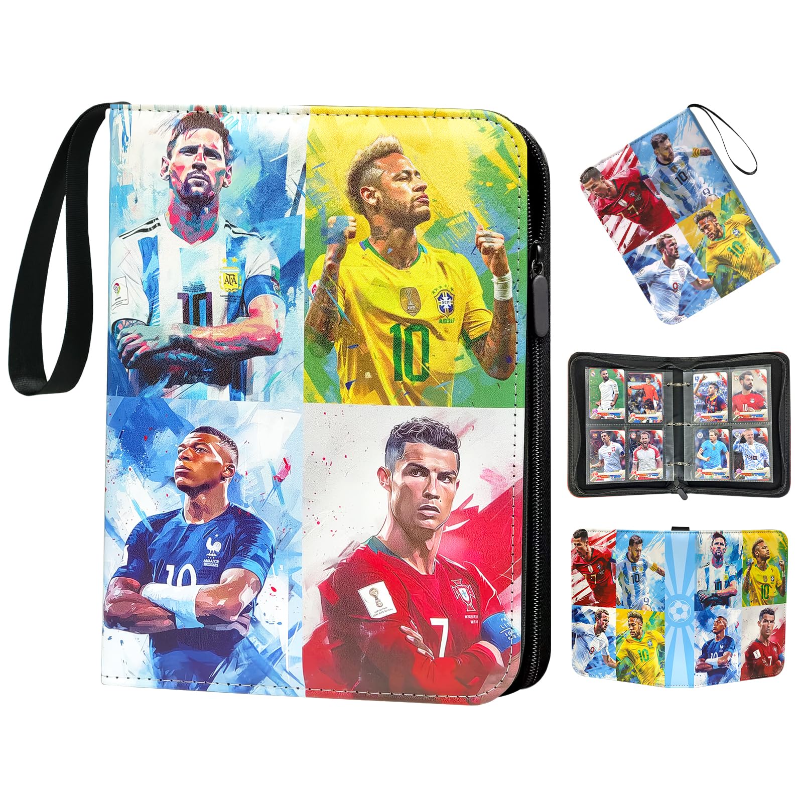 Oirigaga Fussball Sammelkarten Album 4 Fächer, Fußball Karten Sammelalbum Sammelmappe Sammelheft Sammelbuch mit Reißverschluss Tragegriff und 50 Hüllen für 400 Karten, Sport Karten Heft Ordner Mappe