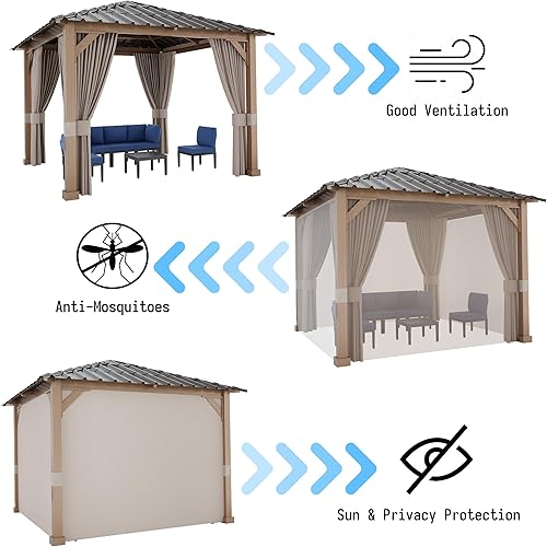 Miniatura 3 de Gotland Cenador de techo rígido de 10 x 10 pies, pérgola de doble techo de metal de acero galvanizado para exteriores, con cortinas y malla para