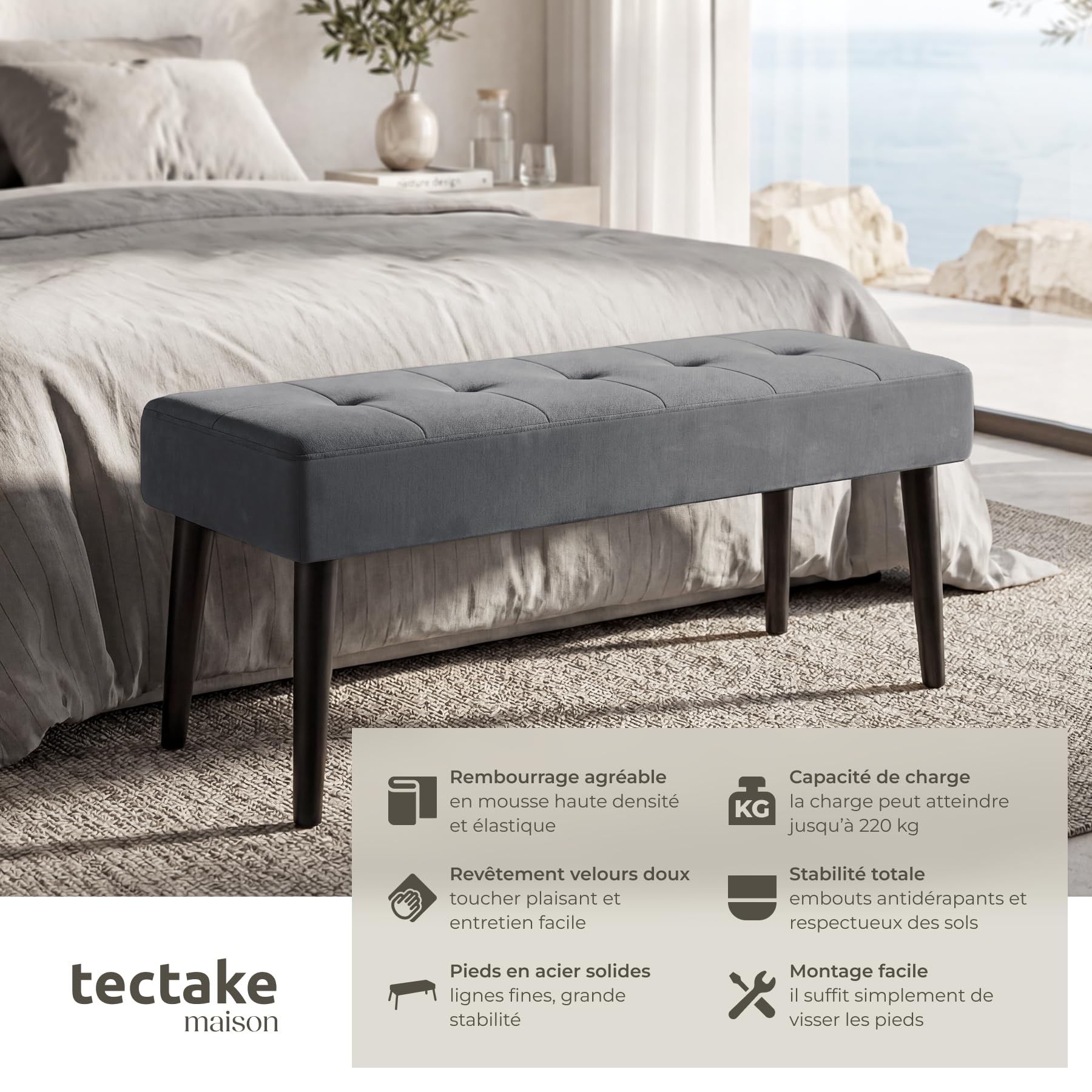 tectake® Banc rembourré 95 x 38 x 45 cm, Motif matelassé, Charge max. 220 kg, Banquette au montage rapide et facile d’entretien, Bout de lit, Meuble Salon Chambre Entrée Dressing - Aspect Velours Gris