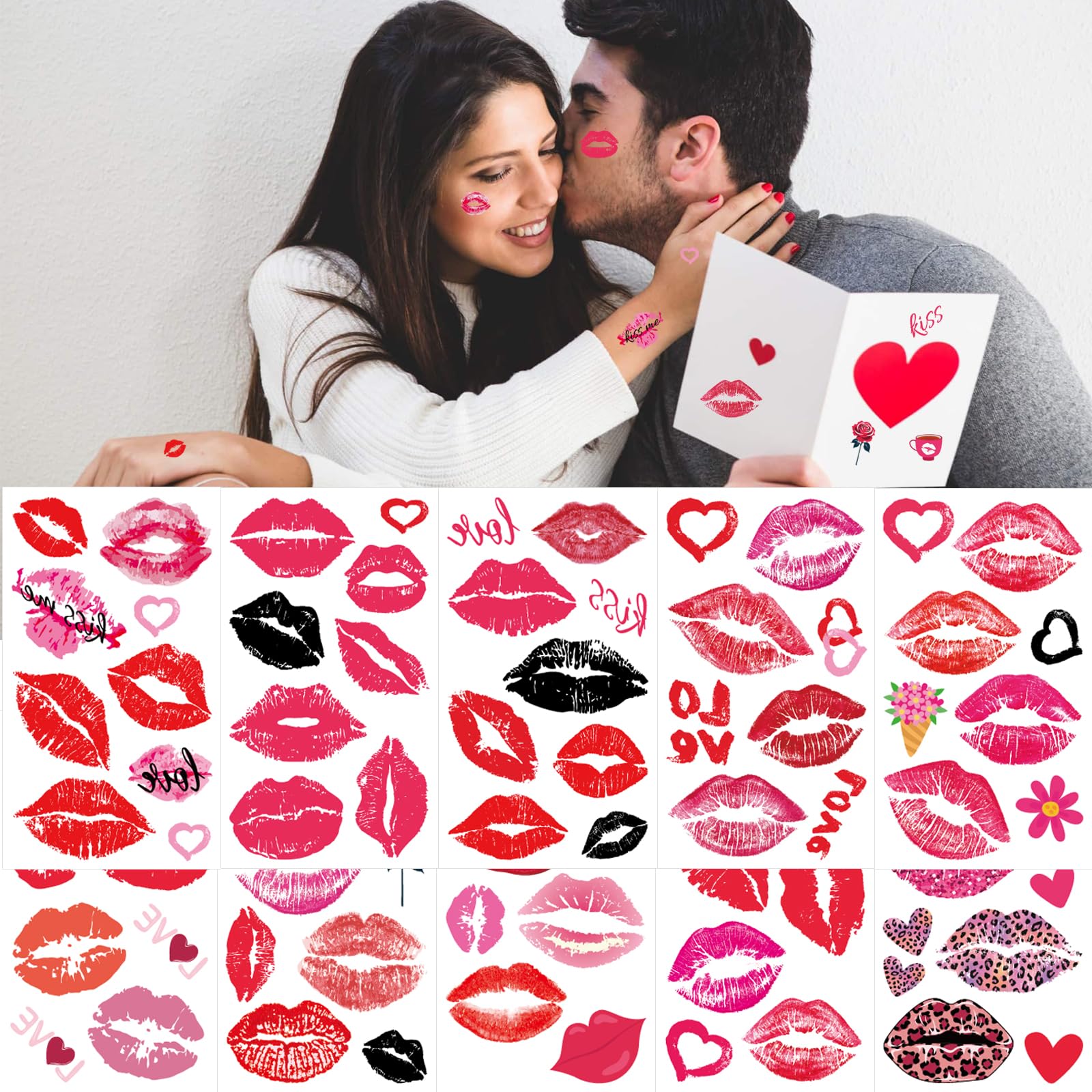 Photo 1 of 10 Sheets Valentine Day Red Black Kiss Heart Stickers Temporary Tattoo Waterproof Face Body Fake Tattoos Decor Party Supplies