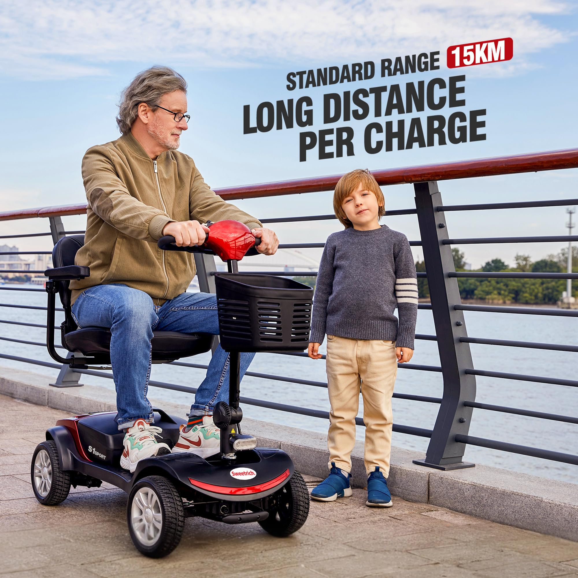 Scooter eléctrico de movilidad Sweetrich S1 SPORT para personas mayores, batería de 12 Ah, autonomía de 15 km. (Rojo)
