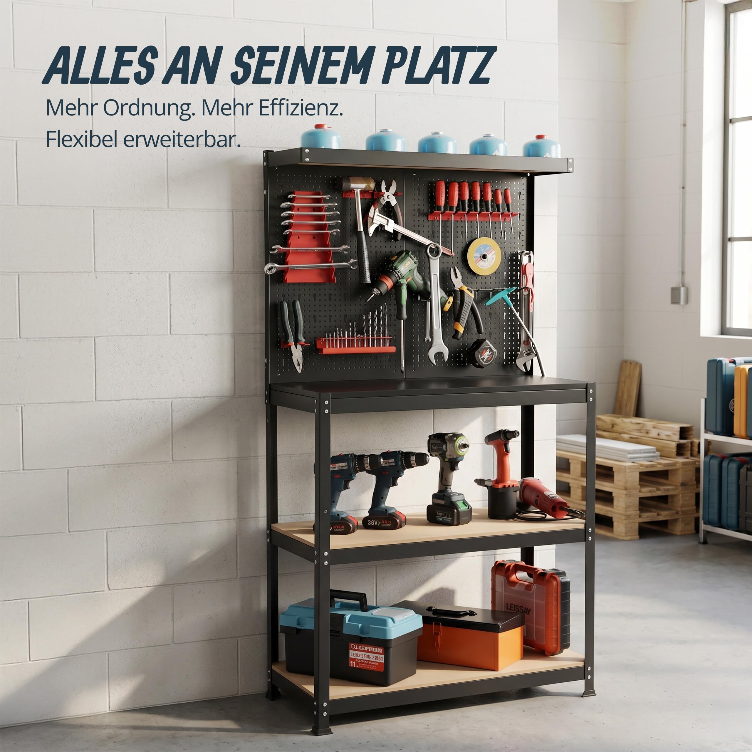 Relaxdays Werkbank, HBT: 155x80,5x41 cm, 3 Ebenen, mit Lochwand, Ablage & Zubehör, Stahl & MDF, Werkstattregal, schwarz