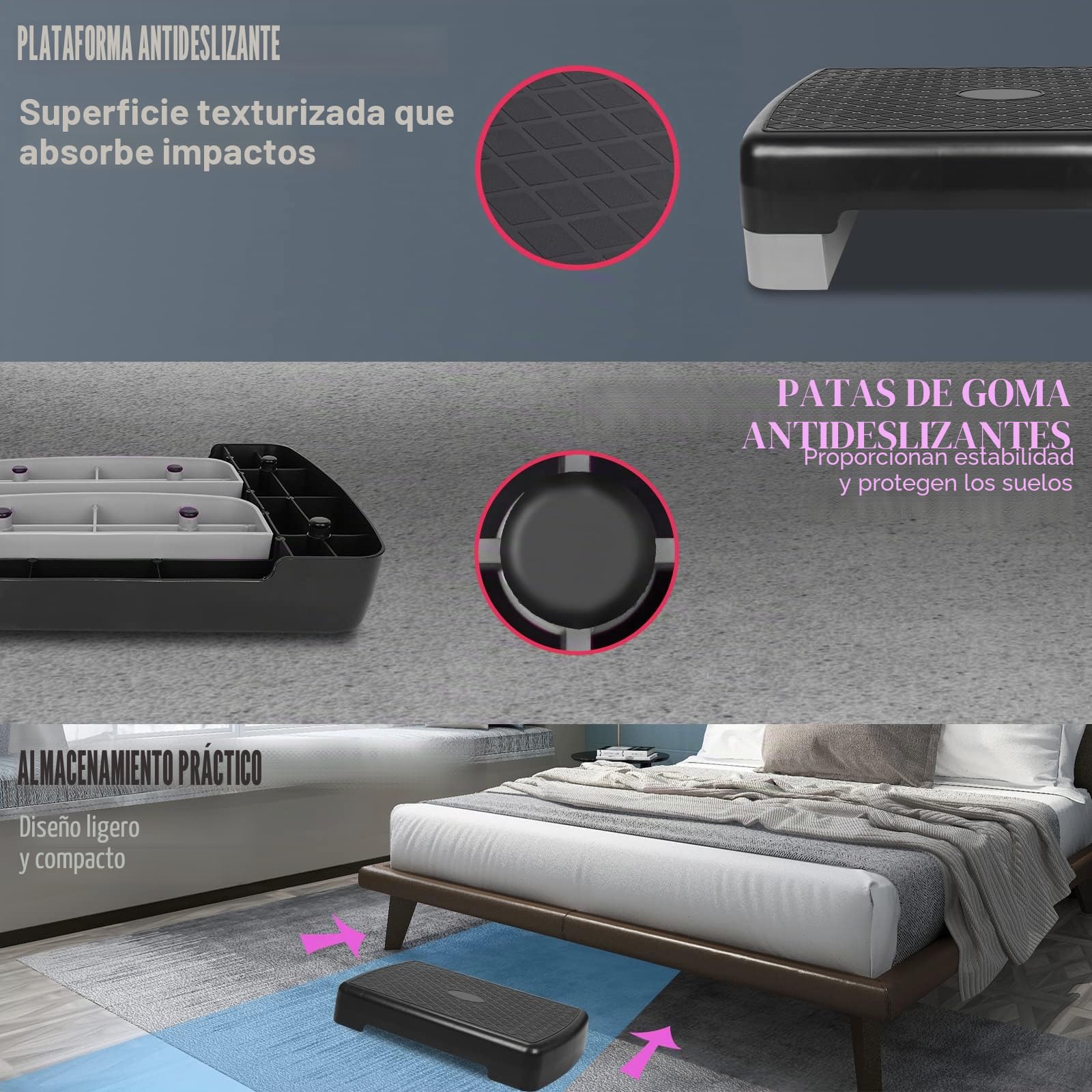 2 niveles de altura ajustable para entrenamiento aeróbico en fitness y ejercicio, plataforma de entrenamiento con 2 elevadores ajustables de 10 cm a 15 cm (gris)