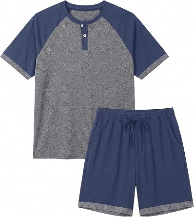 Mens Henley Pajama Sets 2 Piece Lounge Sleepwear Soft Sleep Summer Pjs