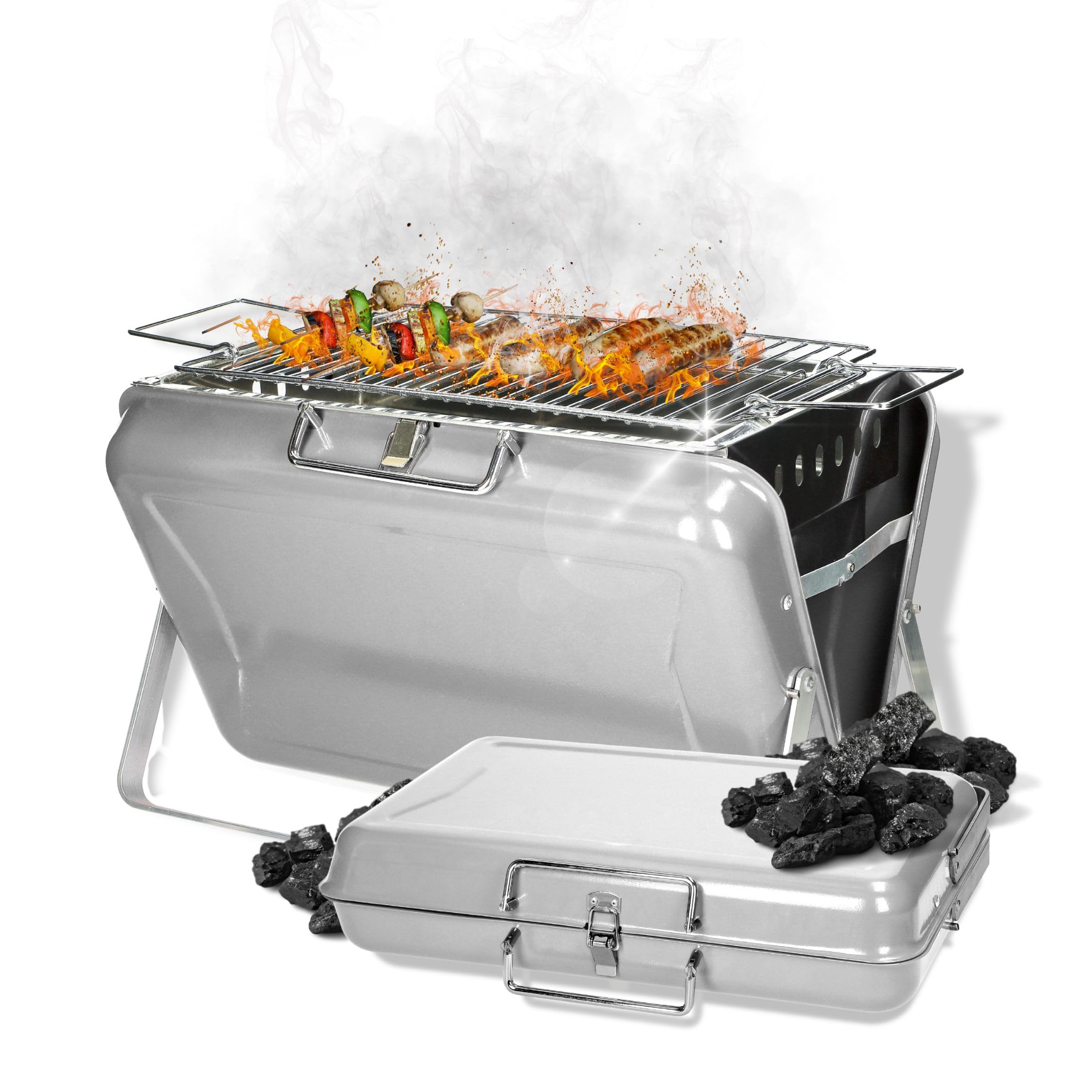 Barbacoa portátil de carbón vegetal 'Portable' – Barbacoa con asa y parrilla – Barbacoa de carbón para hasta 4 personas – Barbacoa móvil para viajes o en casa, color: plateado