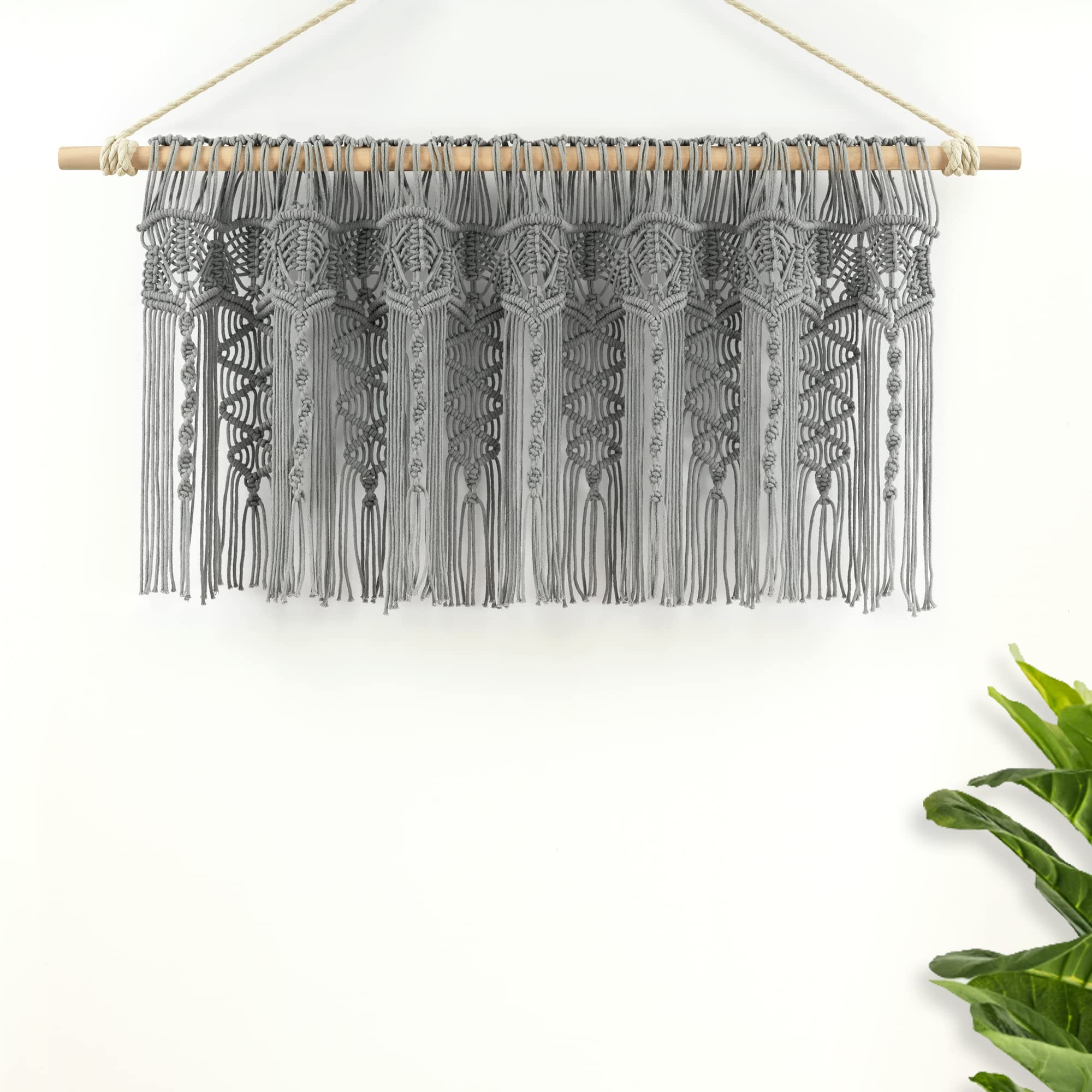 Lush Decor Cantonnière en Coton texturé macramé bohème - 127 cm de Large x 50,8 cm de Long - Rideaux de Cuisine et décoration Murale - Rideaux de fenêtre de Salle de Bain - Gris
