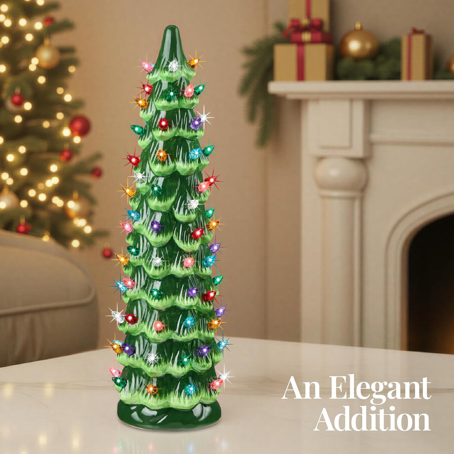 Best Choice Products Ceramic Christmas Tree, 15in Pre-Lit Hand-Painted Tabletop Holiday Decoration w/Multicolor Bulbs, LED Lights – Green - Image 6