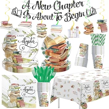 Book Theme Party Decorations, A New Chapter Storybook Baby Shower Decor | Reading Book Club Decorations, Disposable Paper Plate, Napkin, Cup, Tablecloth, Banner, Swirls, Cutlery, Serves 24