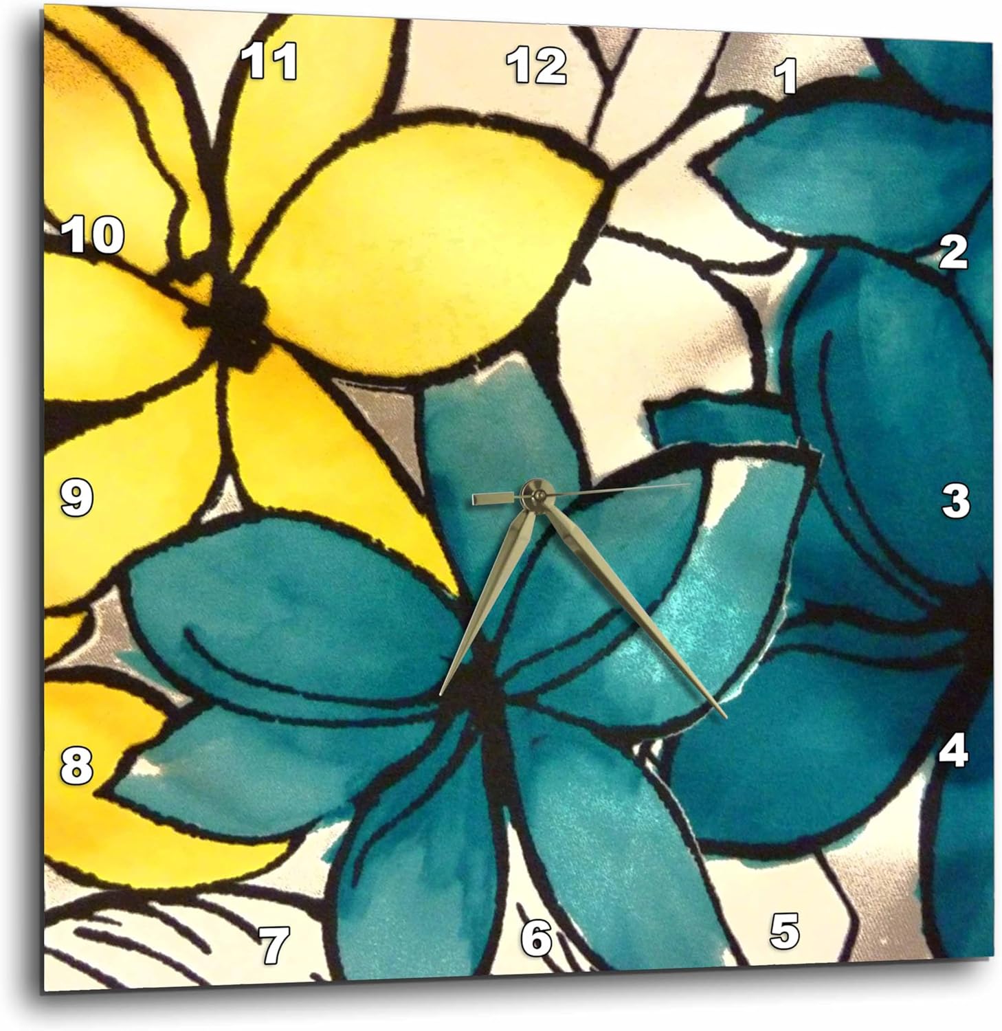 3dRose DPP_32104_3 Teal and Yellow Floral Wall Clock, 15 by 15-Inch