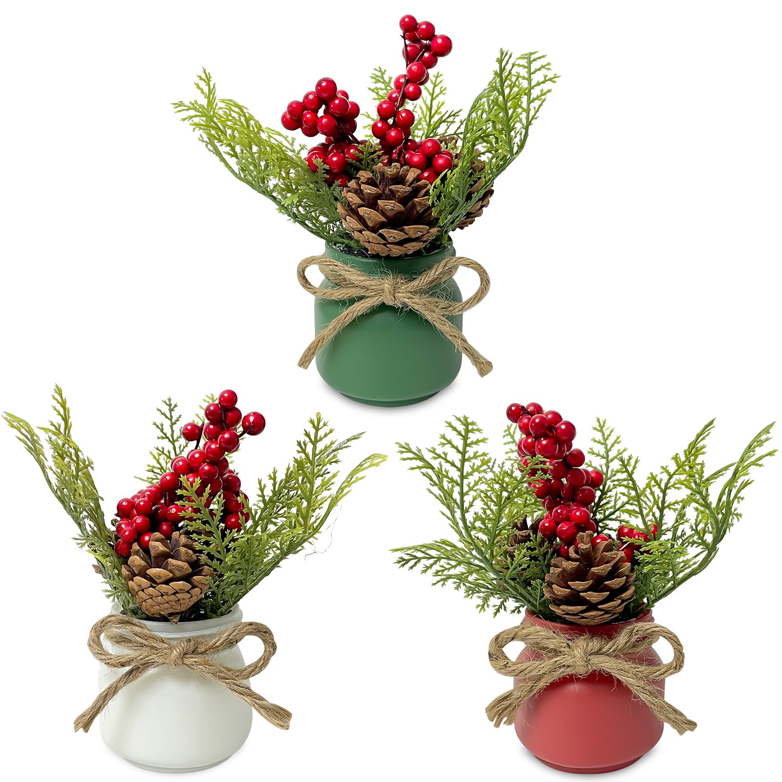 Christmas Mason Jar Centerpieces – Set of 3 Rustic Holiday Decorations with Adjustable Faux Pinecones, Greenery & Red Berries – Handmade Farmhouse Table Décor for Mantels, Tables, and Shelves