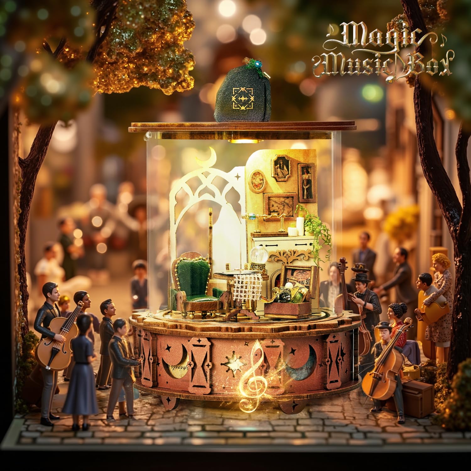Book Nook Kit Eingebauter Musikmechanismus- DIY Puppenhaus Bausatz zum Selberbauen, EIN Retro und künstlerisches Miniaturhaus, 3D Holzpuzzle Buchstütze, Kreative Bücherregal Dekoration, Geschenke
