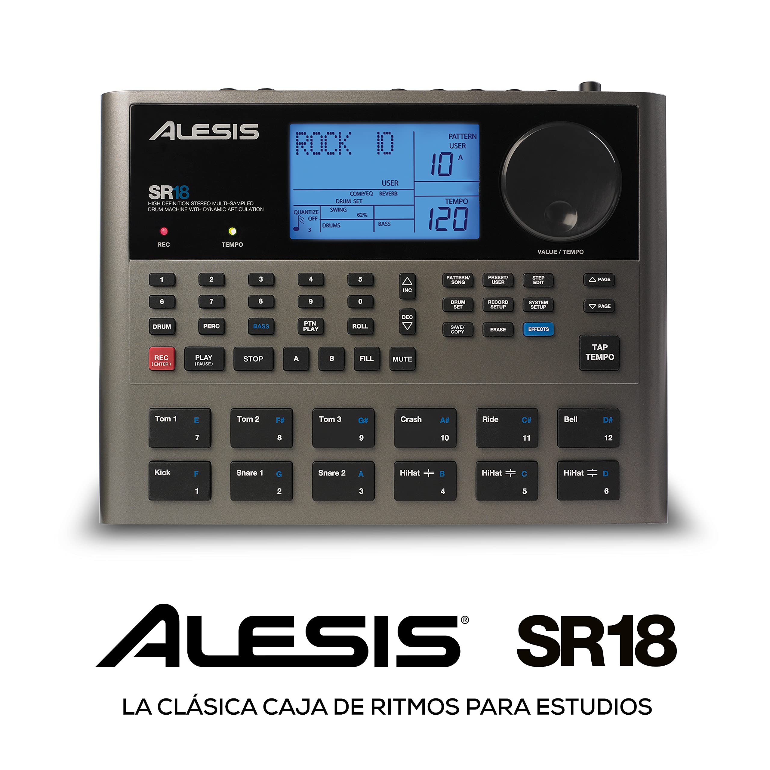 Alesis SR18 - Caja de Ritmos, Biblioteca de Sonidos de Percusión y Batería, 12 Pads Sensibles a la Intensidad, Entradas/Salidas para Óptima Funcionalidad y Efectos/Procesadores