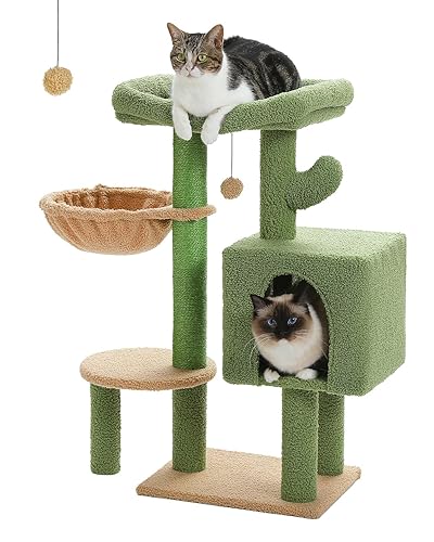 PETEPELA 90cm Cactus Cat Tree, Cute Cat Tower Cat Condo for Indoor Cats Large Padded Perch, Comfy Hammock, Cat Scratching Post, and Dangling Ball, for Small-Medium Cats, Green - Green