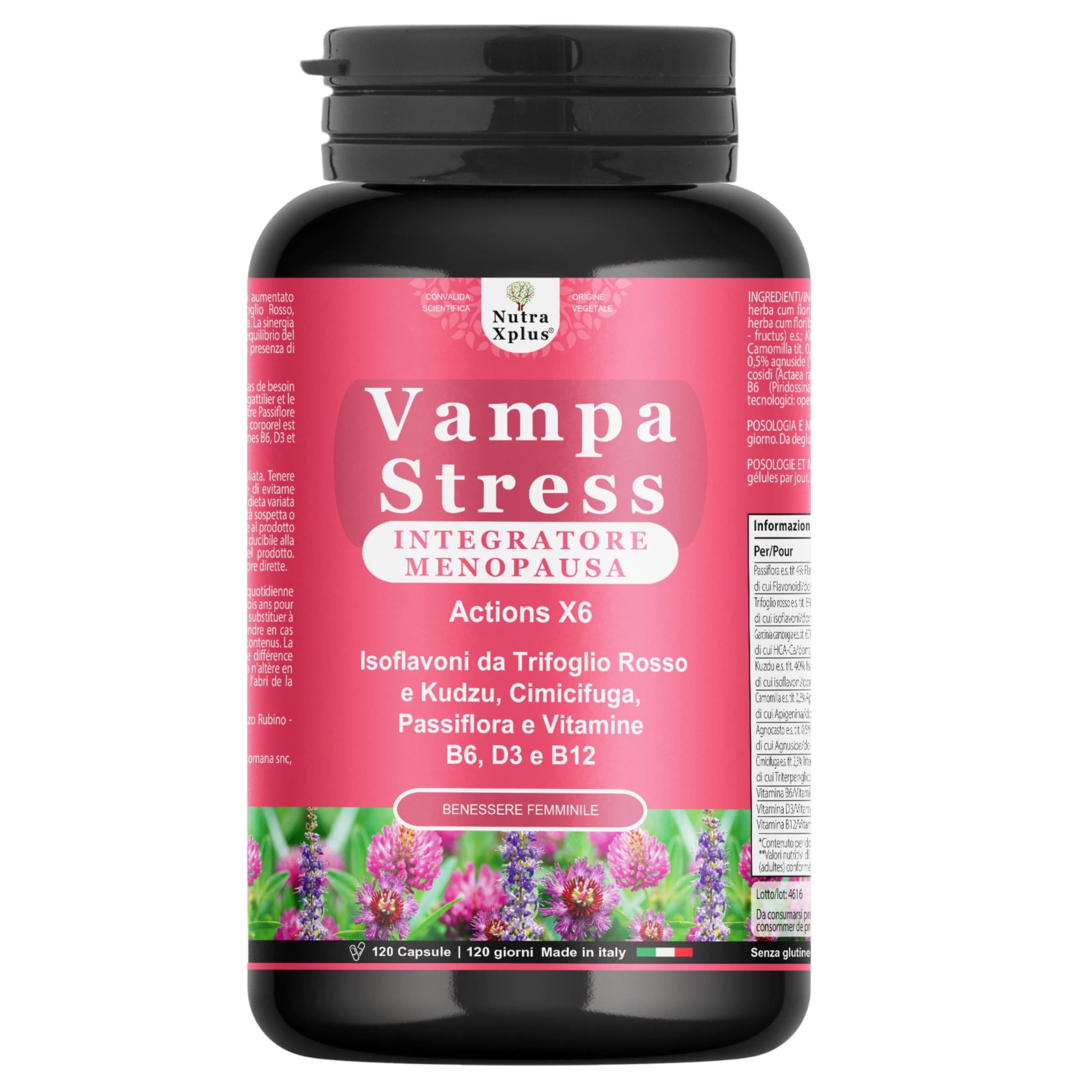 Vampa Stress Menopausa Integratori (120cps 4MESI) con Isoflavoni Trifoglio Rosso forte, Cimicifuga Kudzu, Vitamina D3, B6, B12 controlla Vampate di Calore, Sbalzi d’Umore, Nutra Xplus