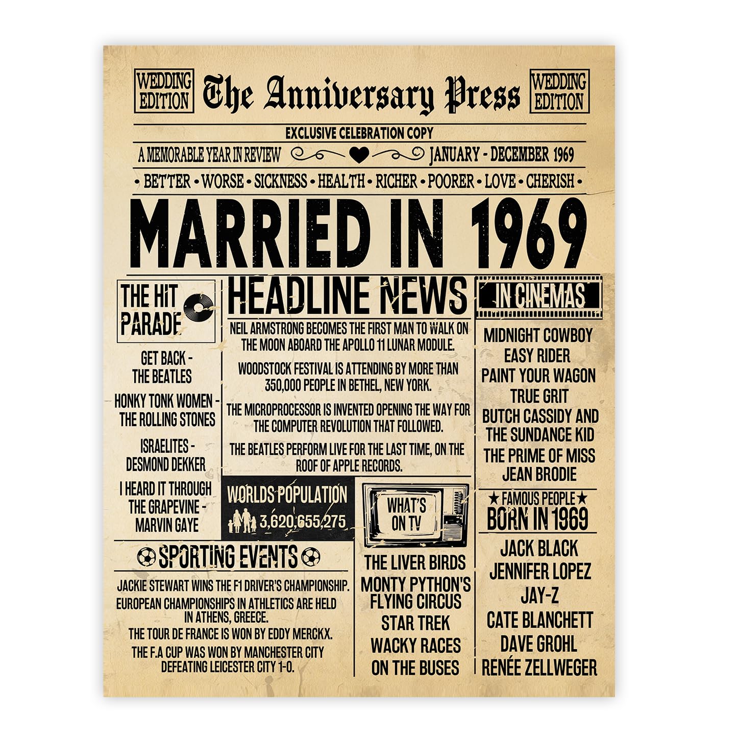 Stuff4 Men's 1969 57Th Anniversary Poster Unframed - Married In Newspaper - 57 Wedding Anniversary For Wo Retro Vintage Gifts Back In 8X10 Inch Anniversaries Posters