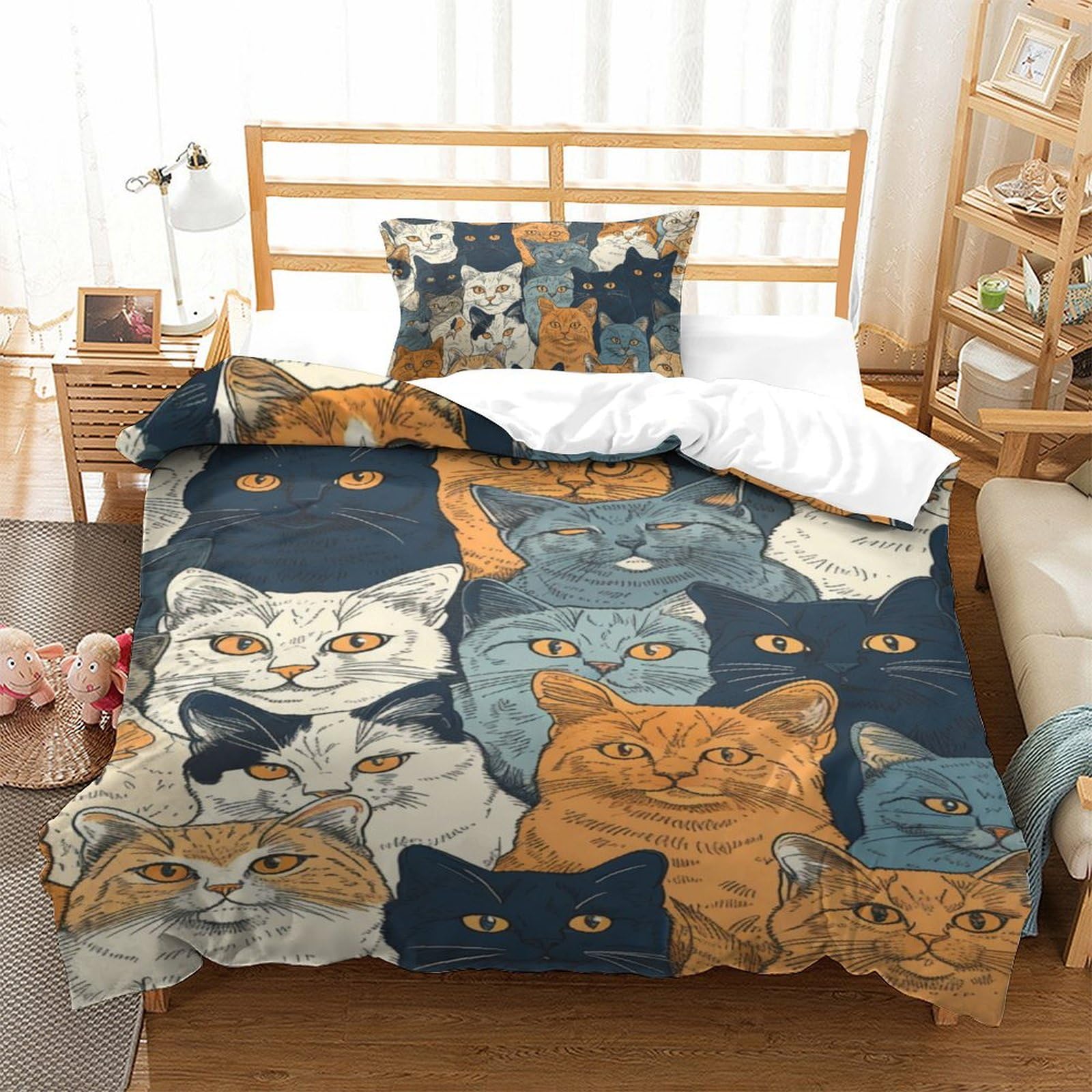 Housse de couette chat 3D microfibre 135x200cm avec taie d'oreiller pour lit simple