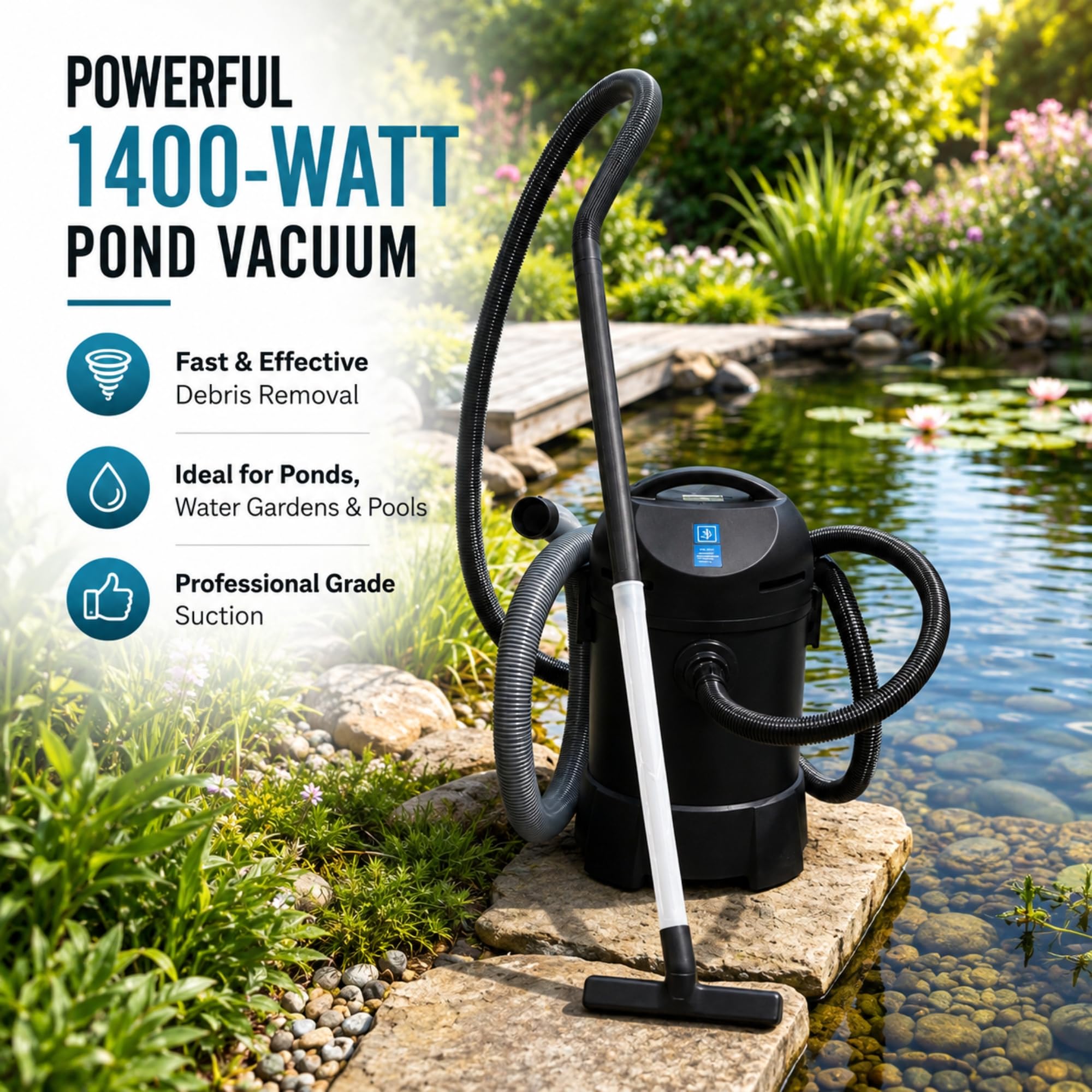 Half Off Ponds CleanSweep 1400 Teichsauger mit einem 33 cm Ansaugschlauch, 4 Verlängerungsrohren, 3 Vakuumdüsen, einem 1,8 m Langen Ausgangsschlauch und einem Schmutzfangbeutel