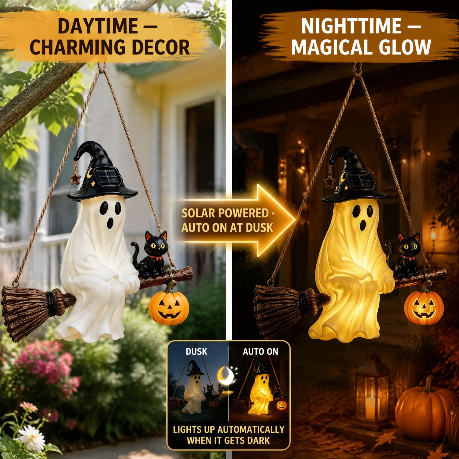 Fantasma Solare da Appendere, Decorazioni di Halloween con Fantasmi Volanti Illuminati | con Scopa da Strega, Gatto Nero e Luna di Zucca, Decorazione Solare da Esterno per Giardino