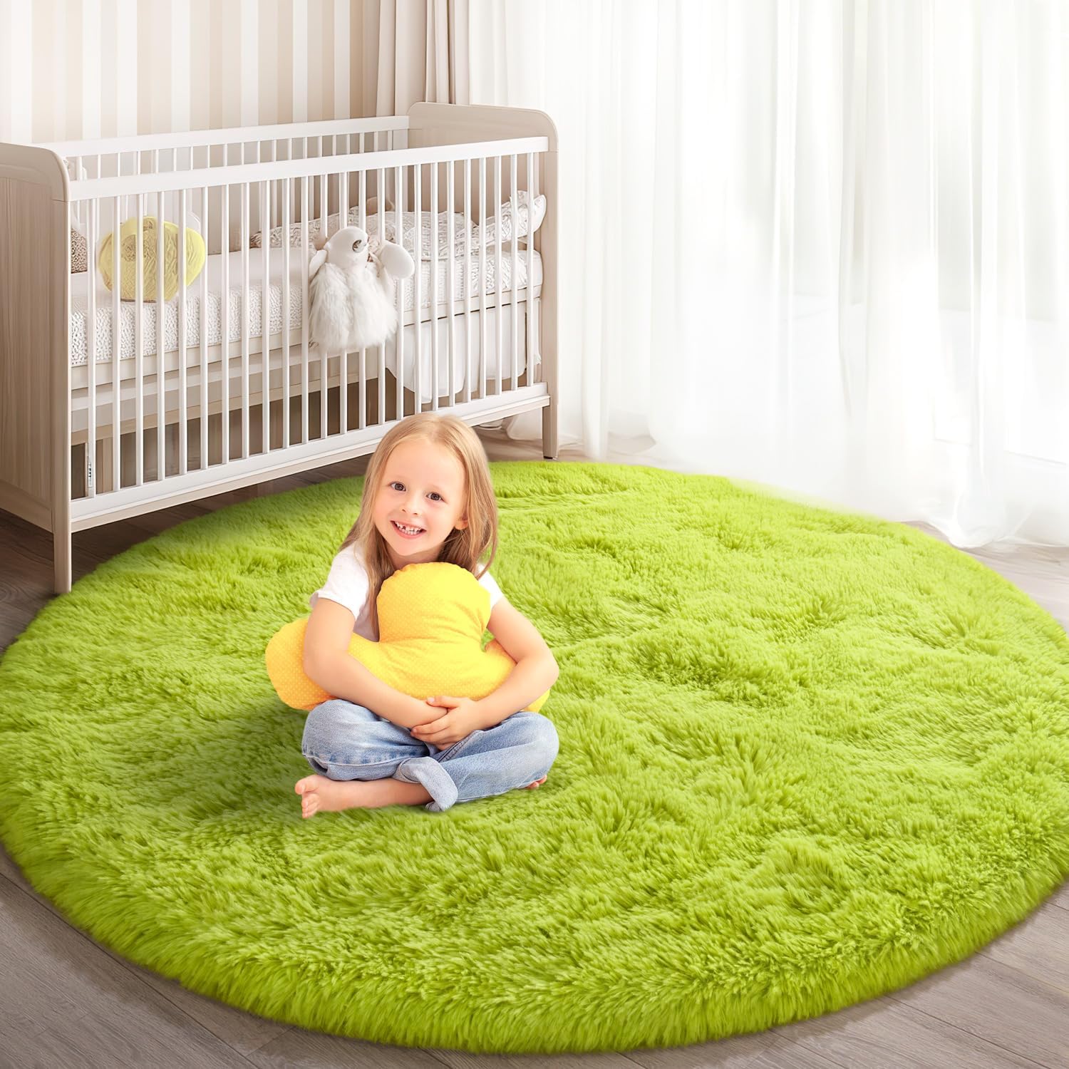 Round Rug for Bedroom, 5x5 Fluffy Soft Circle Area Rugs for Kids Girls Nursery Room, Washable Plush Shaggy Indoor Floor Bedside Living Room Circular Carpet, Home Decor Aesthetic, Grass Green
