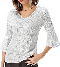 GRACE KARIN Women Long Sleeve Sequin Tank T Shirt Crew Neck Sparkle Glitter Blouse Top with Waist Belt