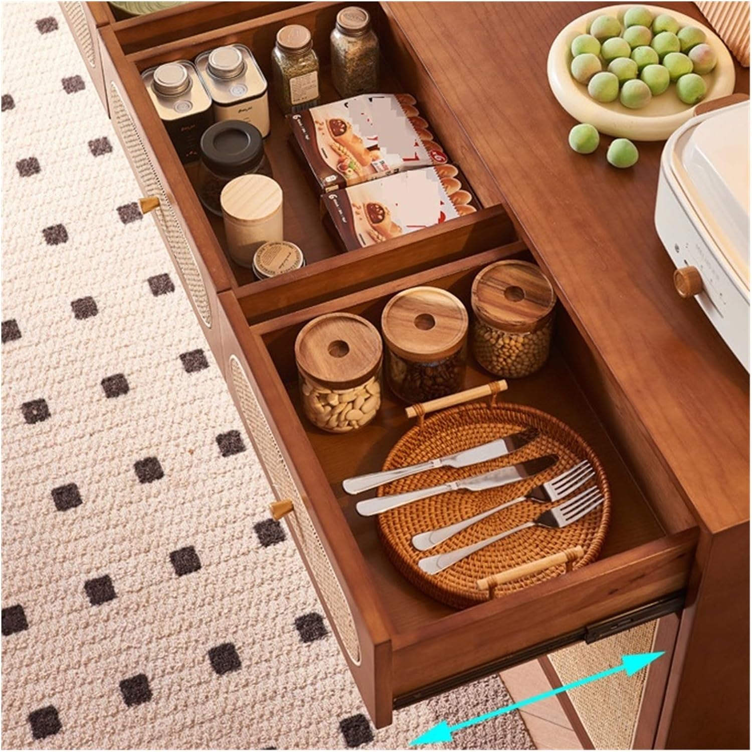 Sideboard Cabinet Rattan Solid Wood Sideboard Household Multifunctional with Drawers Three Door Classification Storage Cabinet Console Coffee Table