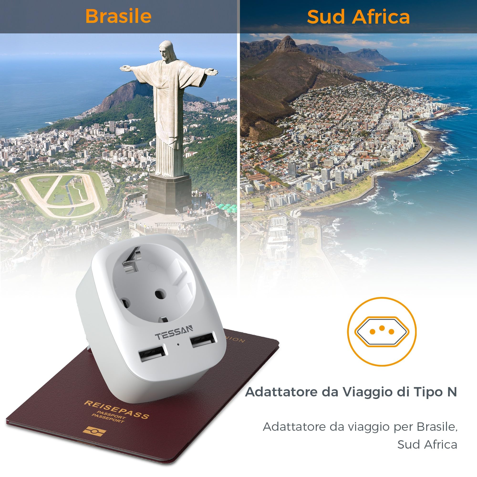 TESSAN 3 in 1 Adattatore Presa Brasile, Adattatore Brasile con 2 USB, Presa Tipo N Europa al Brasile, Sudafrica, Adattatore da Viaggio Tipo N con USB, Adattatore Spina Brasile