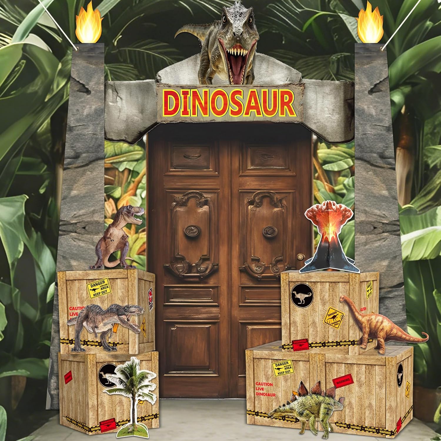 Dinosaur Birthday Party Decorations Dino Themed Door Banner Boxes Animal Park Party Porch Banner Dino Table Centerpieces Boxes Backdrop for Jungle Safari Boys Kids Photo Booth Props Favors Supplies