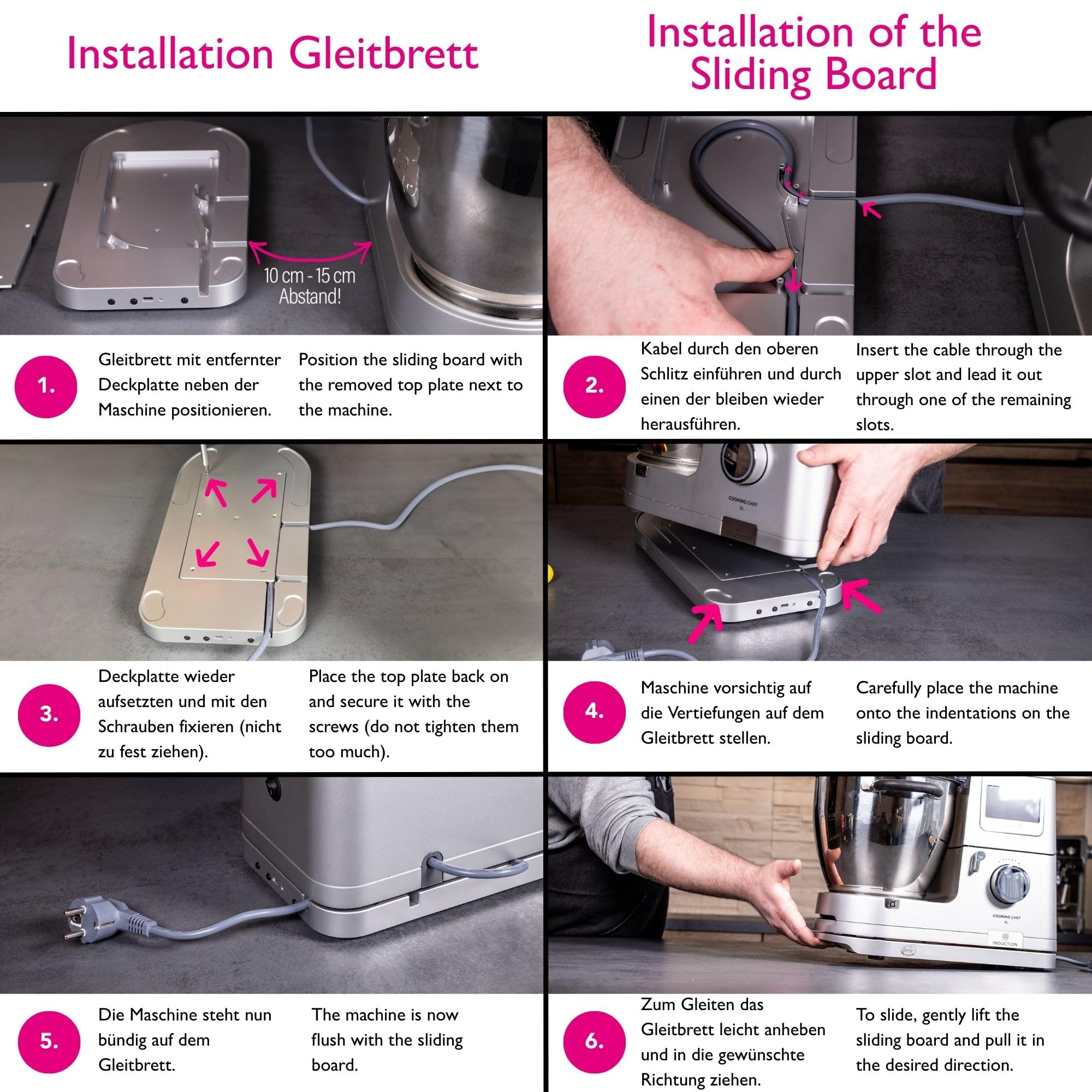 2 in 1 Profi-Gleitbrett "Raumgleiter" inkl. Kabelstaufach kompatibel mit KENWOOD Küchenmaschinen Cooking Chef Modellen (Silber)