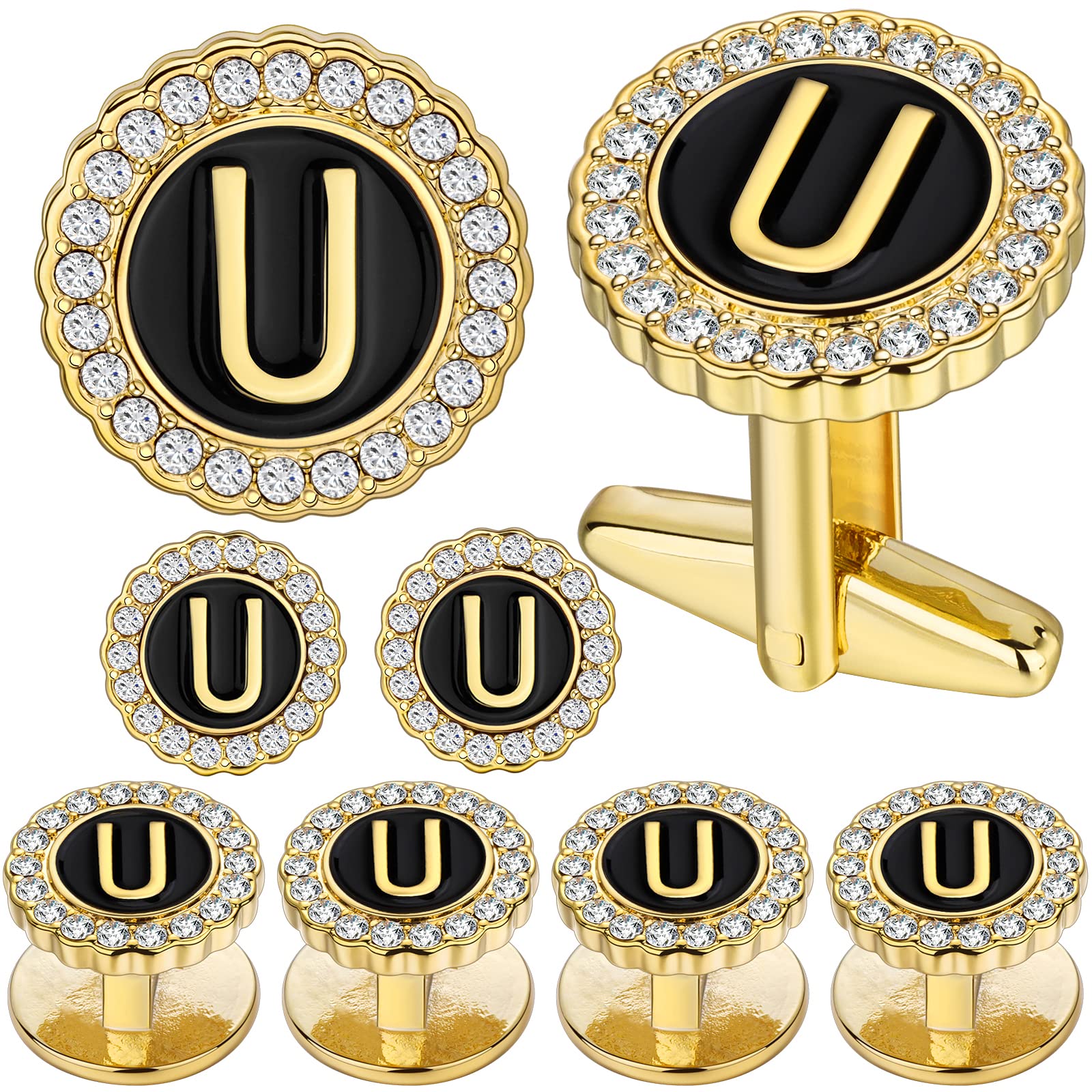 HAWSON 18K Gold Tone Initial Cufflinks for Men with Tuxedo Studs - Gift Boxed, Stylish Men's Jewelry Accessories for Weddings, Birthdays, Anniversaries, Father's Day