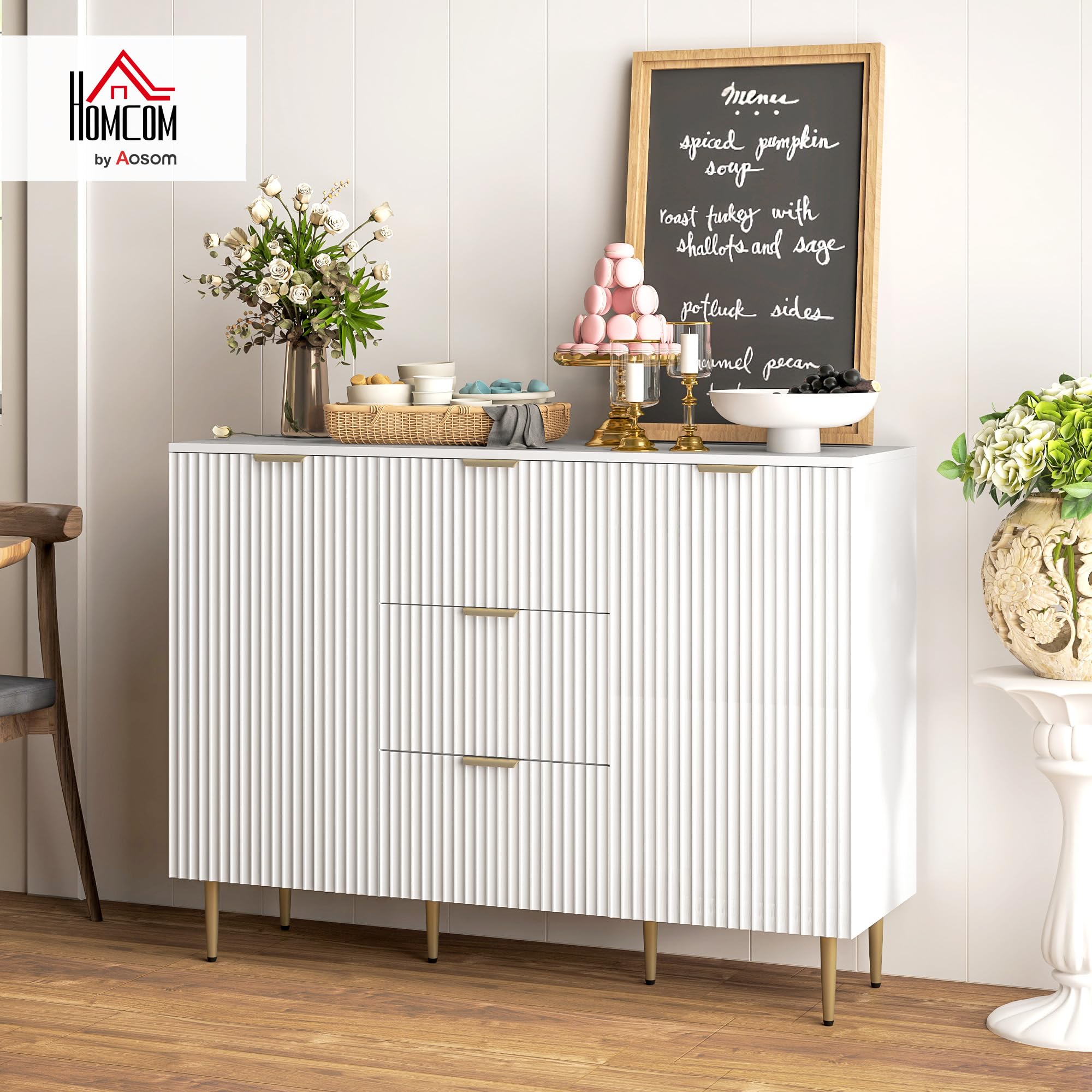 HOMCOM Credenza Cucina Buffet Moderna 3 Cassetti 2 Ante 120x40x90 cm Bianco | 2 Armadietti, Ripiani, Piedini Regolabili, Mobile Cucina, Madia Soggiorno Moderna, Ingresso, Legno