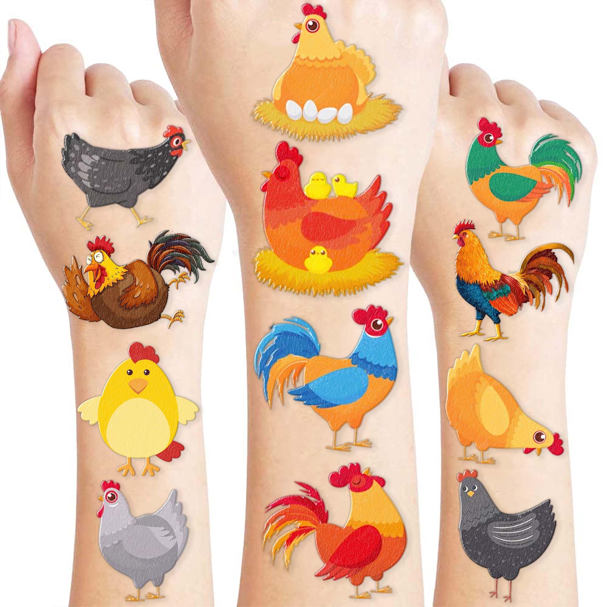 96 PCS Chicken Temporary Tattoos Pre-Cut for Kids | Farm Animal Birthday Party Decorations Favors Supplies, Fun Stickers for Boys Girls Gifts, School
