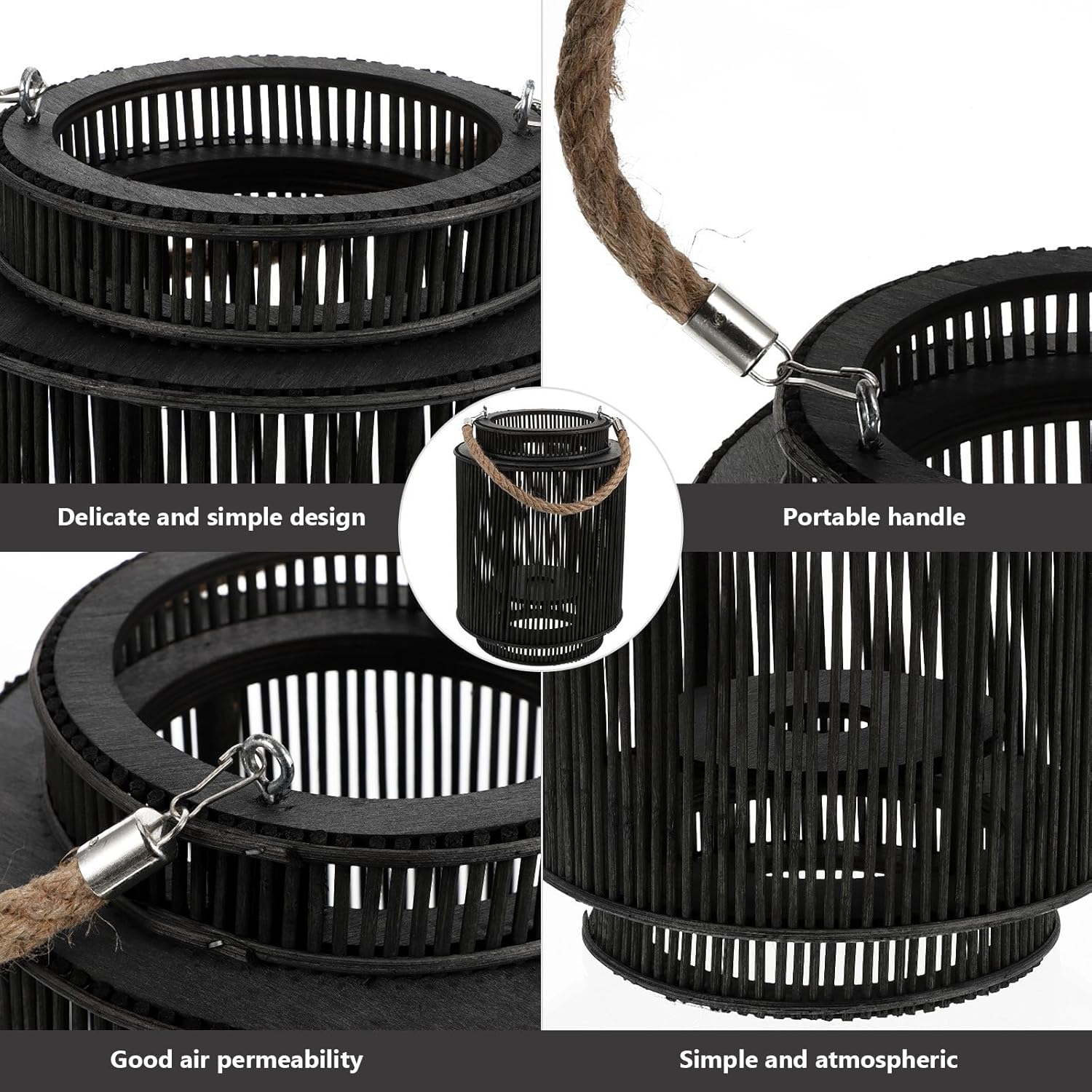 Black Small Rattan Woven Wind Lantern Candleholder Portable Balcony Decor Lantern Handcrafted Home and Hotel Decorative Candle Stand