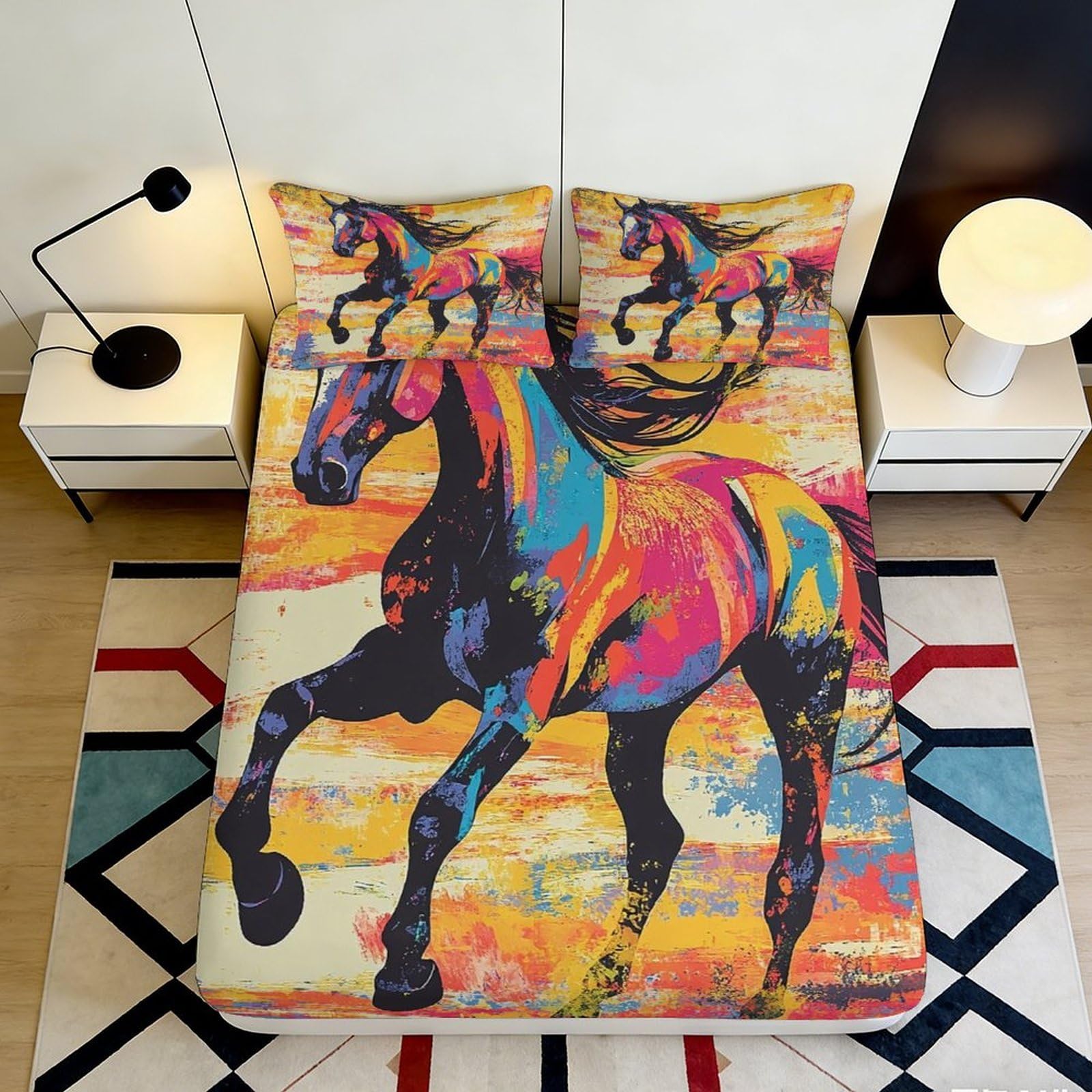 Wtorimpel Style-10 3D Printed Colorful Horse Fitted Sheet Microfiber Deep Pocket Non-Slip Bedding Colorful Horse Mattress Fitted Cover Washable 90X200x25cm
