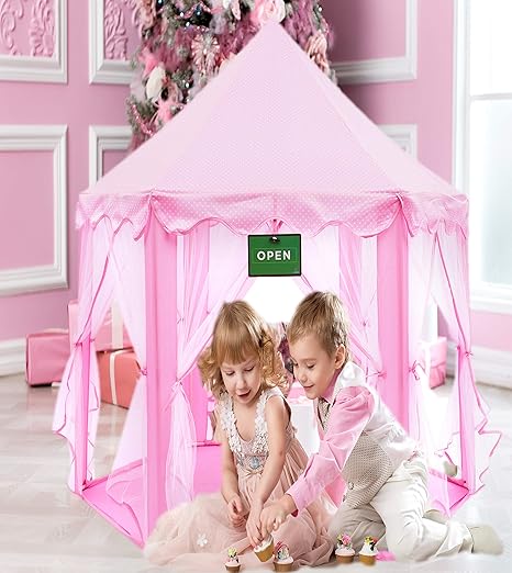 Amazon Play Kreative ピンク プリンセス キャッスル テント キャリーケース付き 女の子用 ピンク 妖精 プレイハウス メッシュサイディング付き インドア アウトドア キッズプレイタイムアクティビティ 彼女への素敵な誕生日ギフト キッズテント おもちゃ