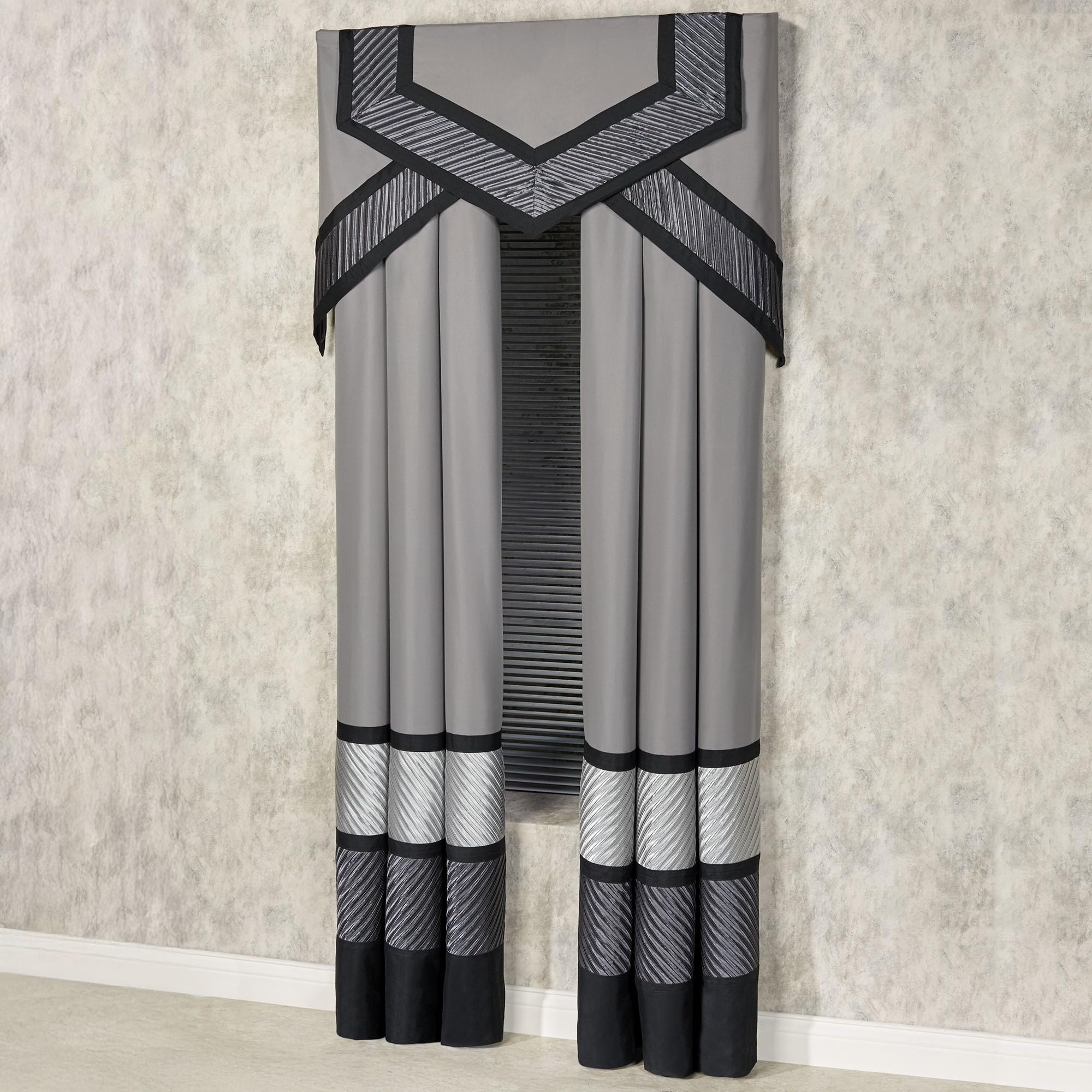 Omega Contemporary Luxury Window Treatment | Sophisticated | Silver, Gray, Charcoal, Black | Pleated | Silky Polyester Satin | 4 Piece Set: 84L Curtain Panel Drapery Pair and Cornice Valance Set