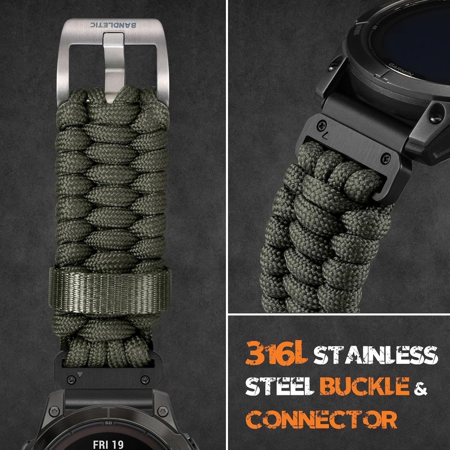 Bandletic Compatible with Garmin Instinct Watch Band - R-Nylon Survival Paracord Woven Nylon Strap Quick Fit 22mm Watch Band for Fenix 7/6/5/Forerunner 965/955/945/935/745/Epix 2/Approach S70/S62/S60 - Image 5