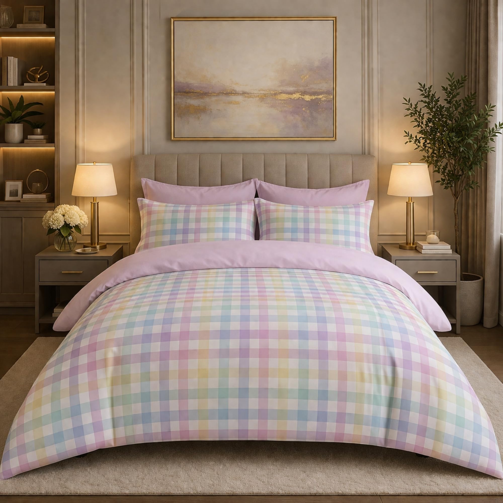 Dolce Vari Gingham Moor Check Microfibre Duvet Cover Set – Reversible Checked Quilt Cover with Matching Pillowcases – Soft, Lightweight Bedding Set – Easy-Care & Durable (PASTEL, Single)