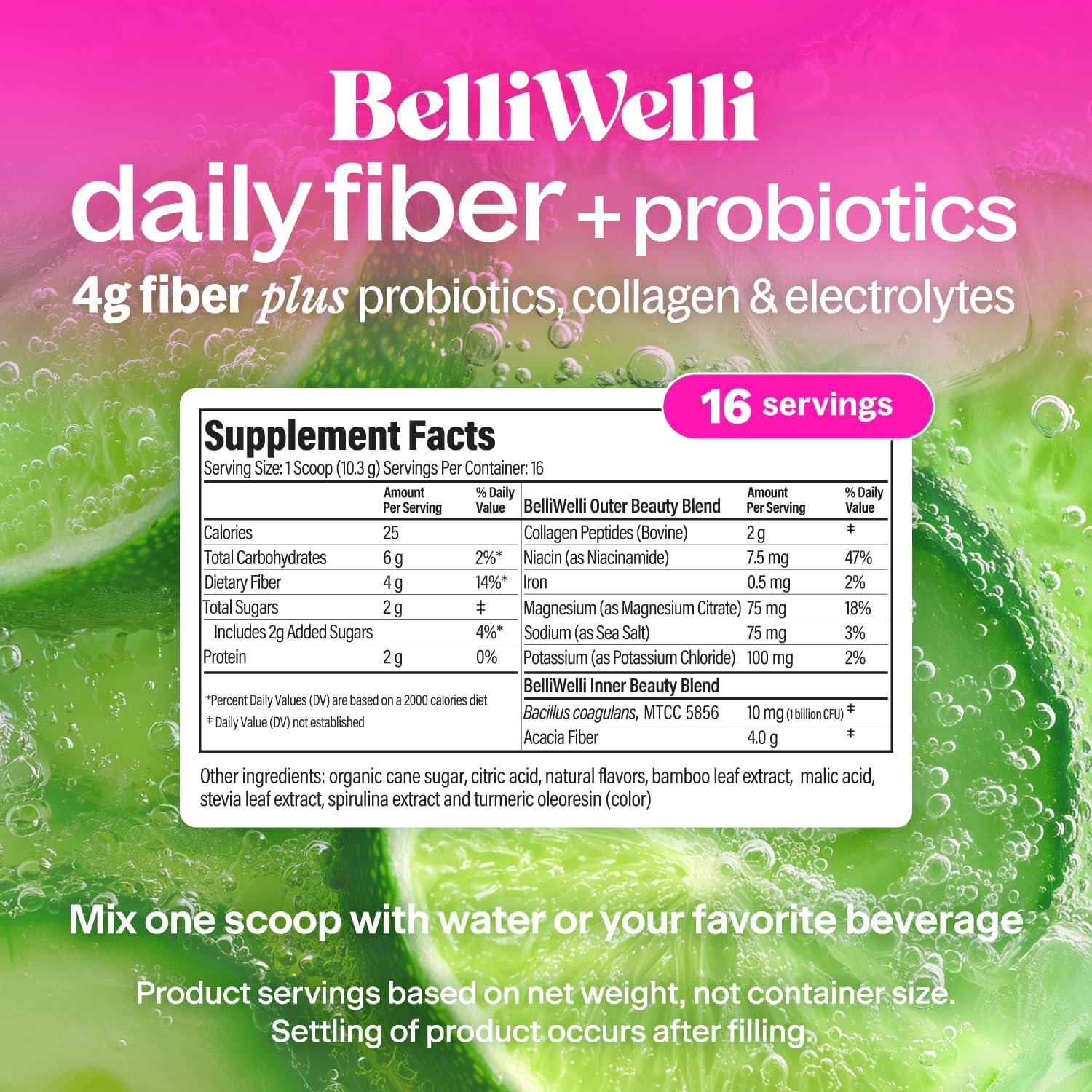 Belli Welli Fiber Supplement for Women & Men – Premium Daily Fiber Powder from Organic Acacia with Added Collagen, Electrolytes & Probiotics – No Bloat, Constipation & Gut Health Support (Cucumber)