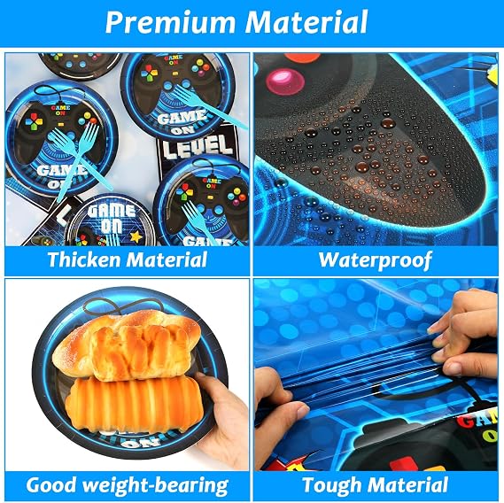 Video Game Party Supplies Tableware Set for 24 Guests Gaming Party Birthday Plates Blue Gamer Party Decorations Includes Plates, Napkins, Tablecloths