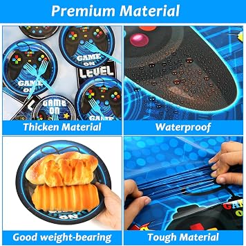 Video Game Party Supplies Tableware Set for 24 Guests Gaming Party Birthday Plates Blue Gamer Party Decorations Includes Plates, Napkins, Tablecloths
