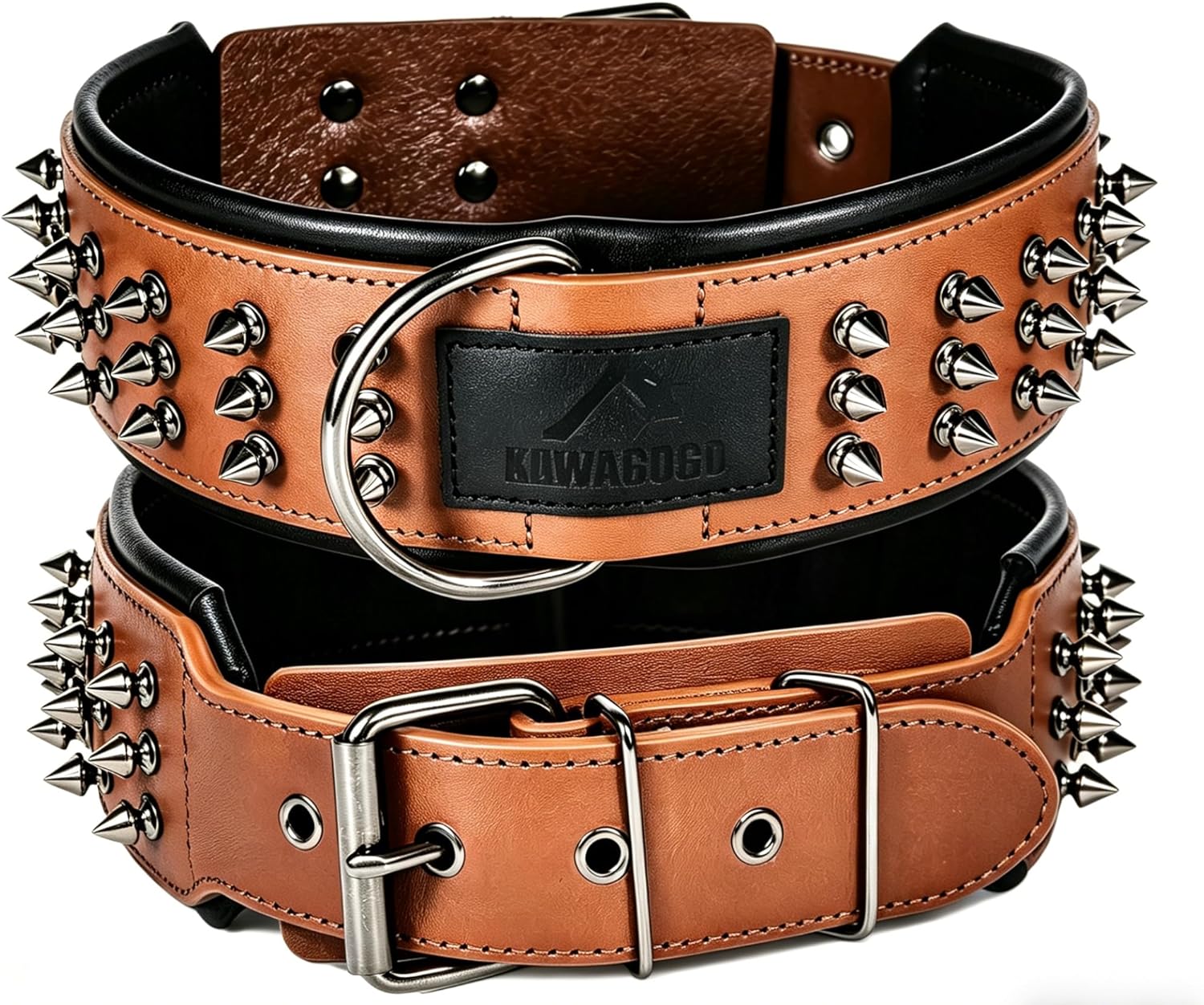 Spiked Real Leather Dog Collar，Handmade Dog Collar for Large Dogs，2.2 Inches Wide，German Shepherd Pitbull Doberman (Brown, 22''-25'')
